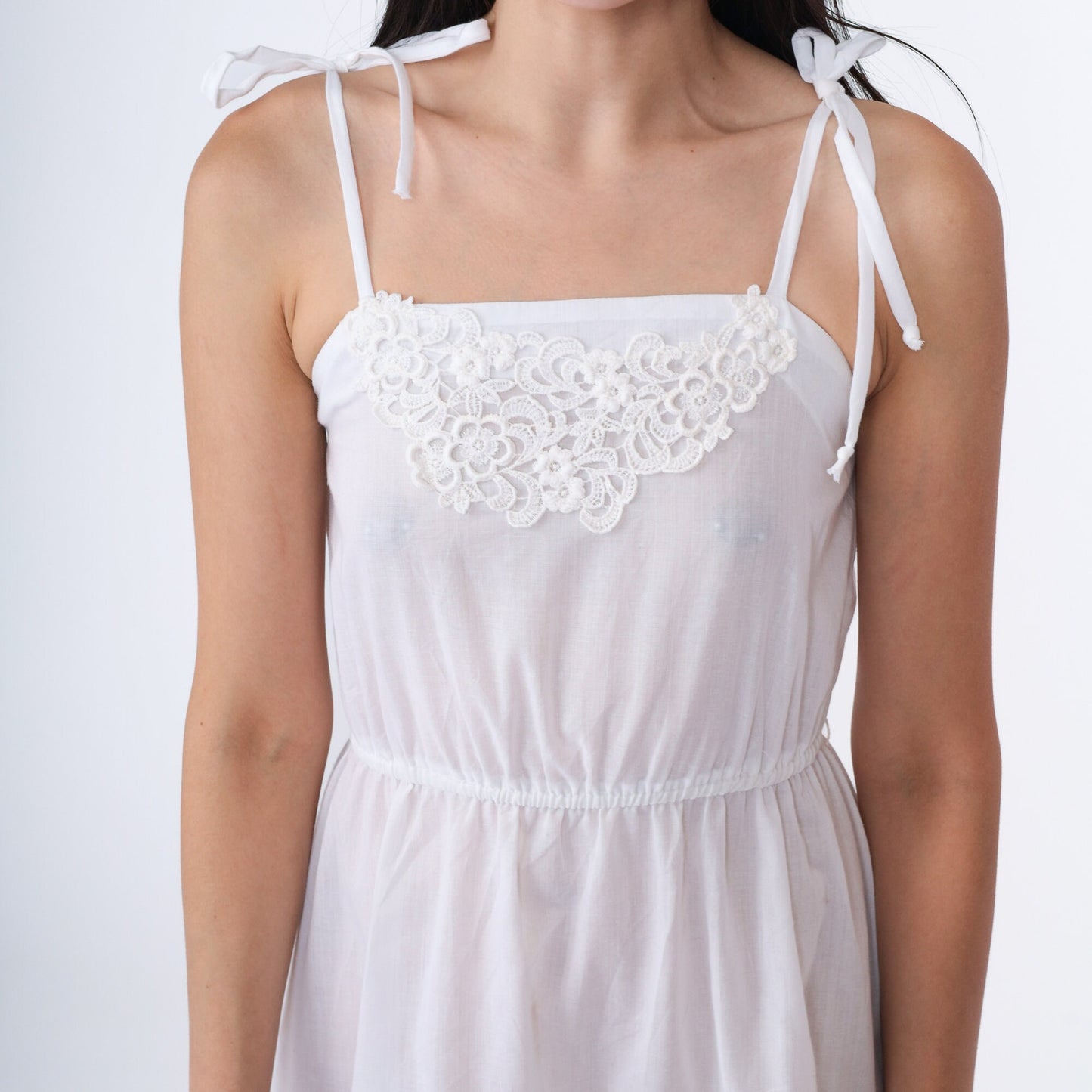 70s White Lace Spaghetti Strap Sun Dress High Waist Mini Extra Small