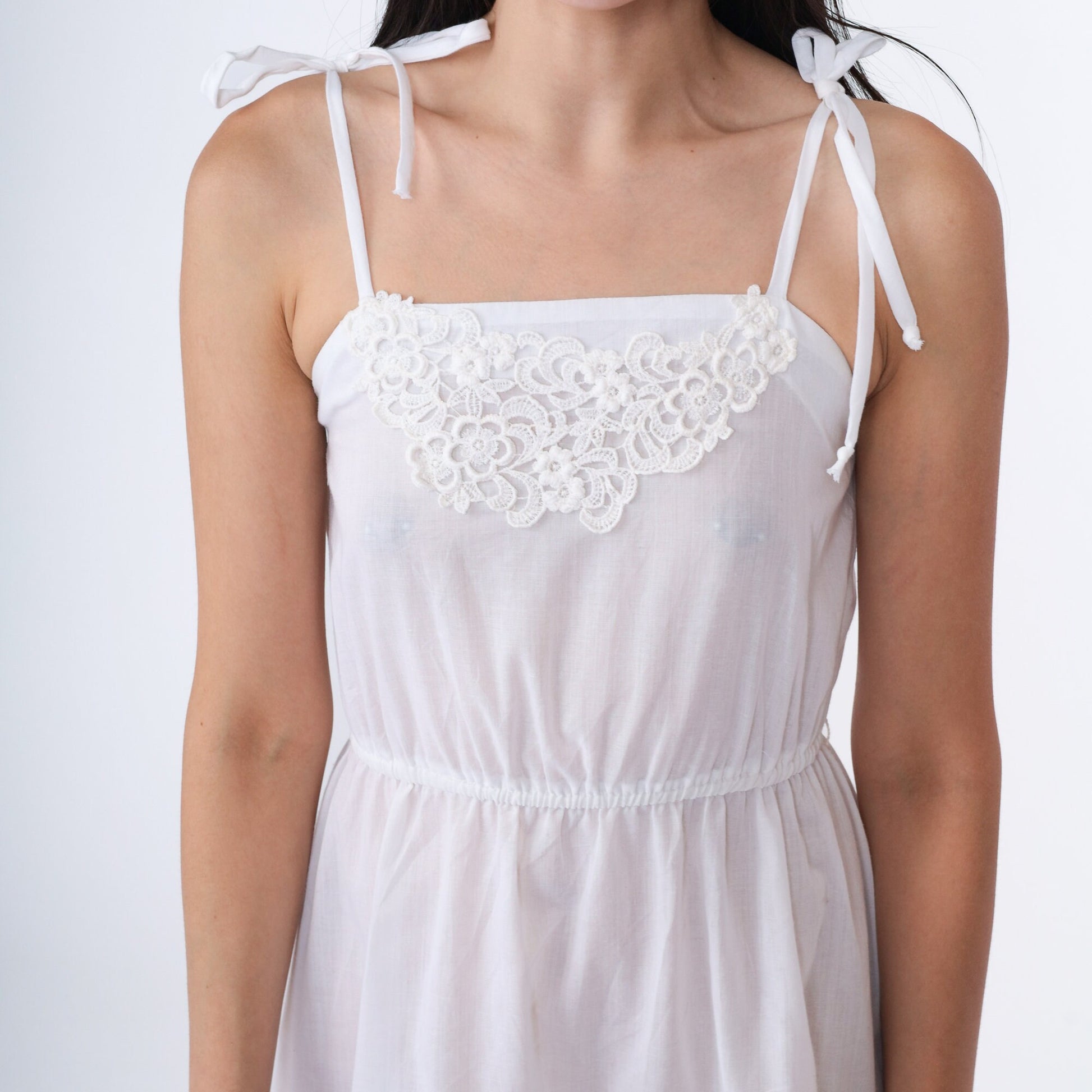 70s White Lace Spaghetti Strap Sun Dress High Waist Mini Extra Small