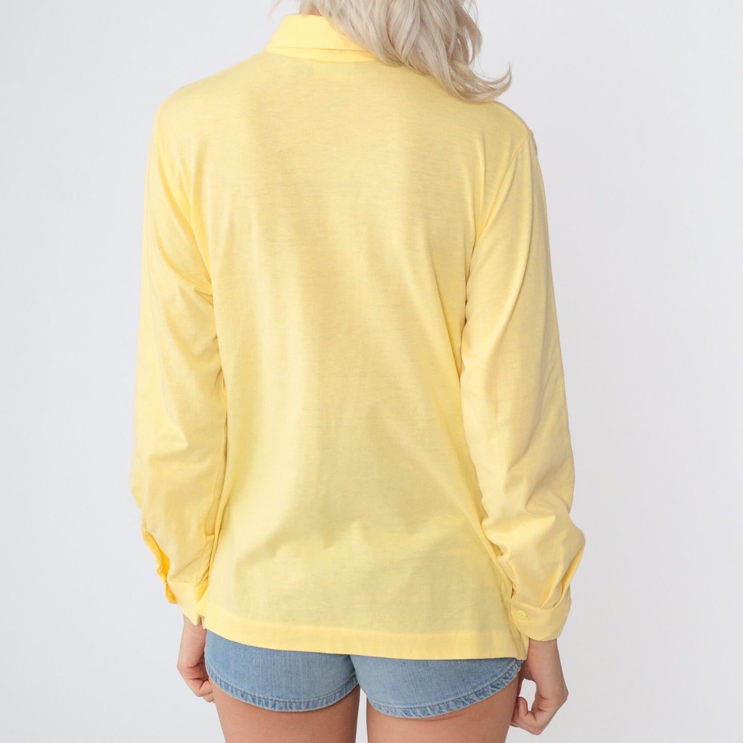 80s Yellow Cotton Blend Button-Up Blouse Collared Long Sleeve Medium