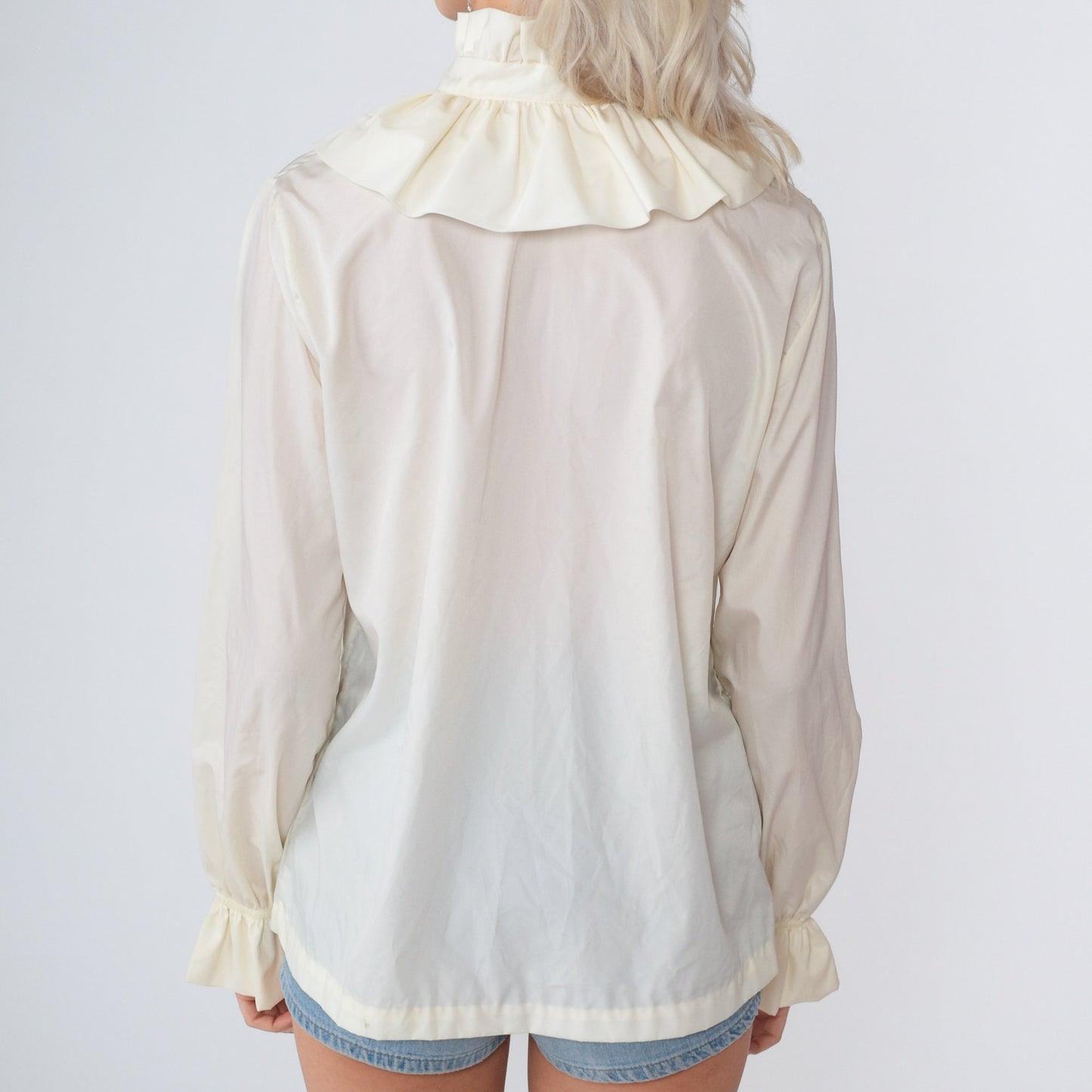 70s Ruffled Necktie Blouse Off-White High Neck Button-Up Long Sleeve Medium