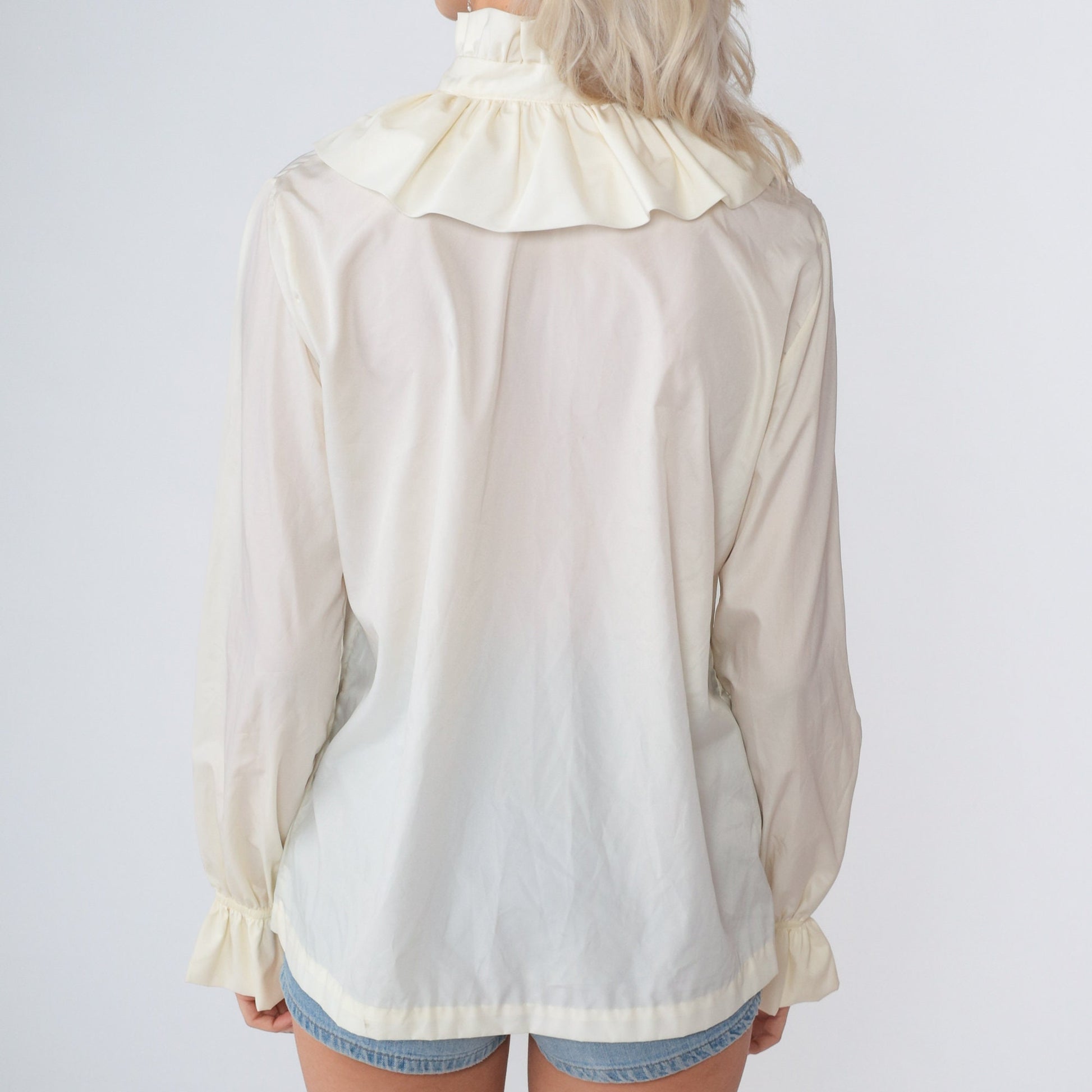 70s Ruffled Necktie Blouse Off-White High Neck Button-Up Long Sleeve Medium