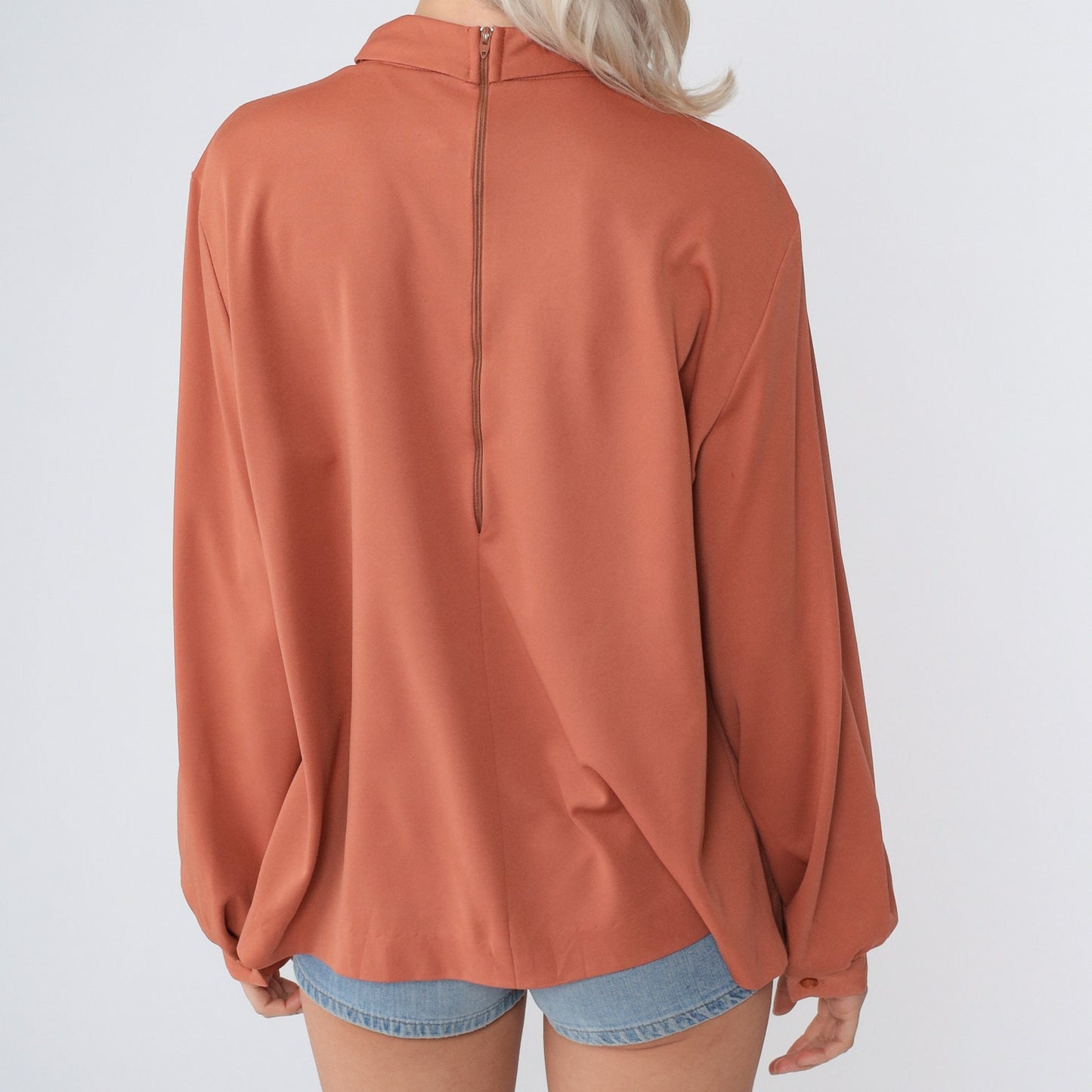 70s Terra Cotta Mockneck Blouse Pleated Balloon Sleeve Secretary Top Large