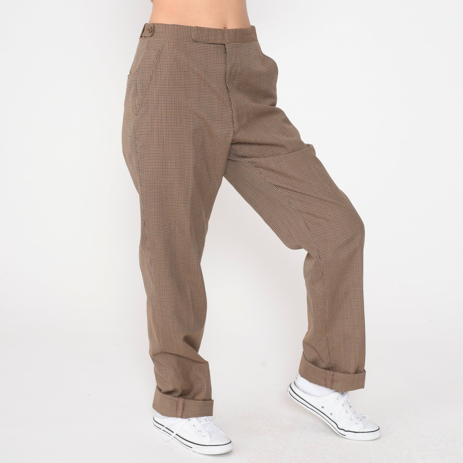 70s Brown Checkered High-Waisted Straight Leg Trousers Medium 29