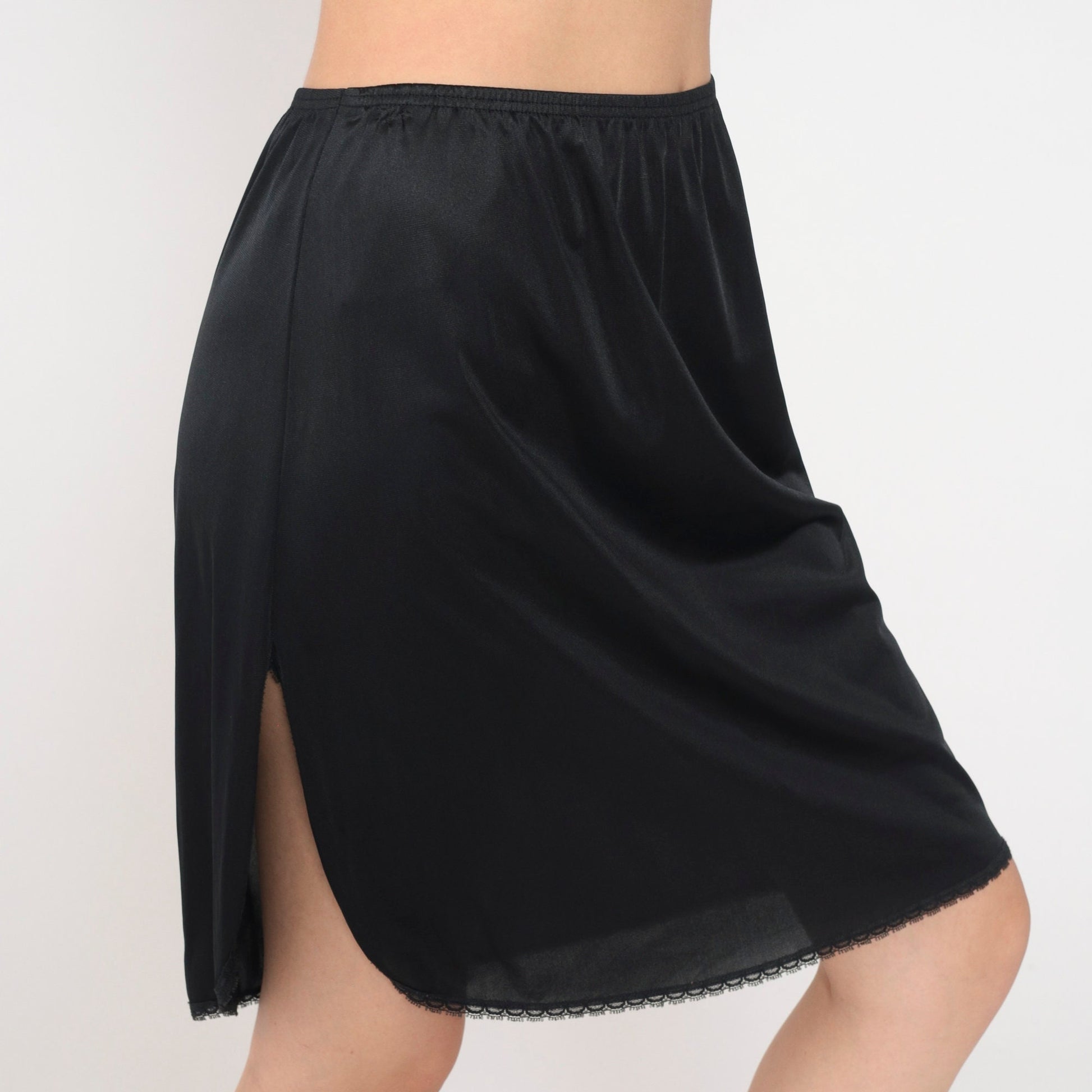 70s Vanity Fair Black Slip Skirt Lace Trim Mini High Waisted Medium