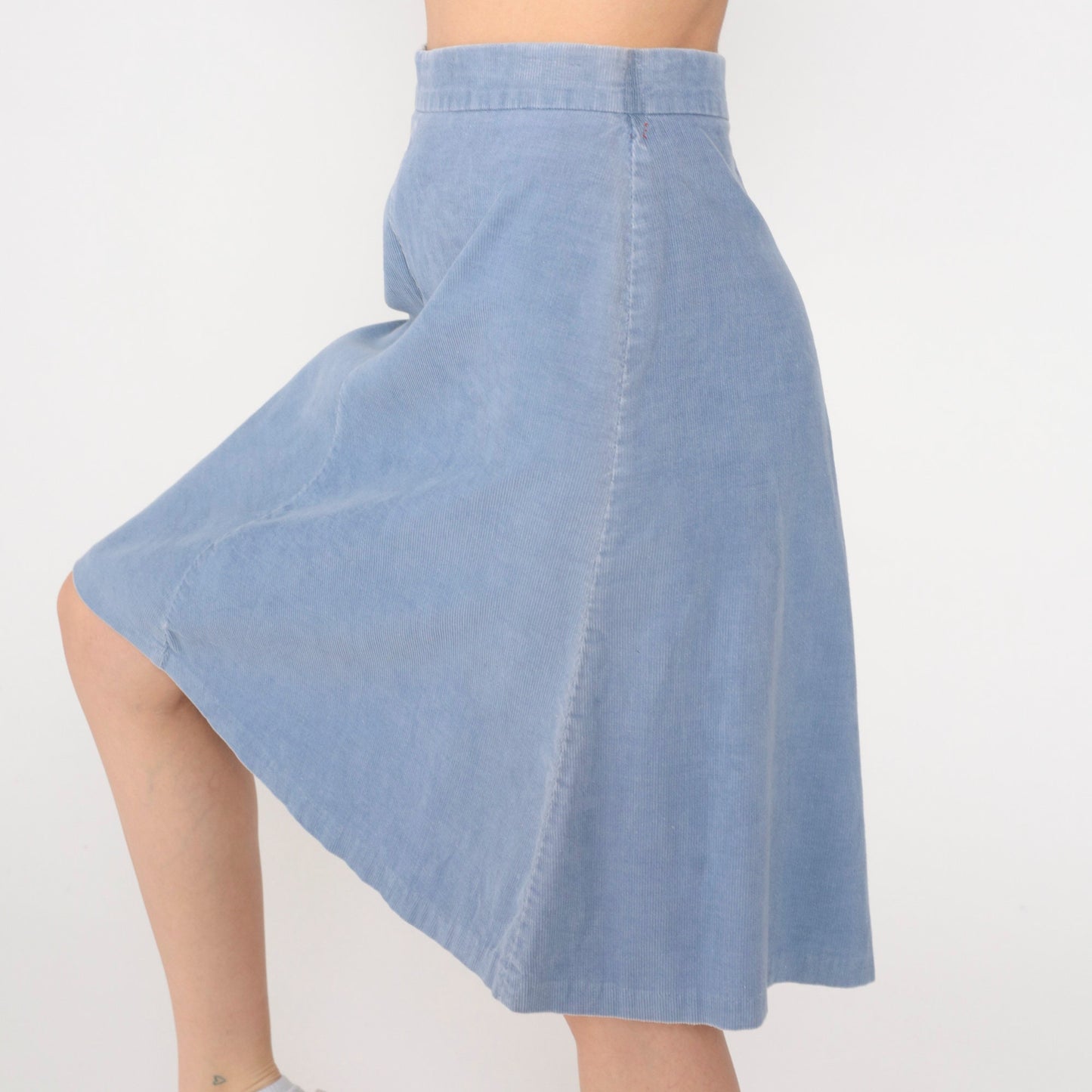 80s Blue Corduroy Midi Skirt High Waist A-Line Small