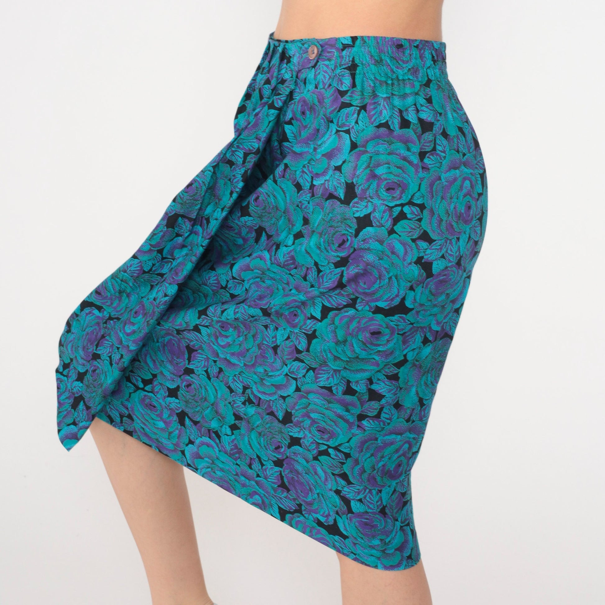 80s Floral Wrap Midi Skirt High Waist Purple Turquoise Rayon Small
