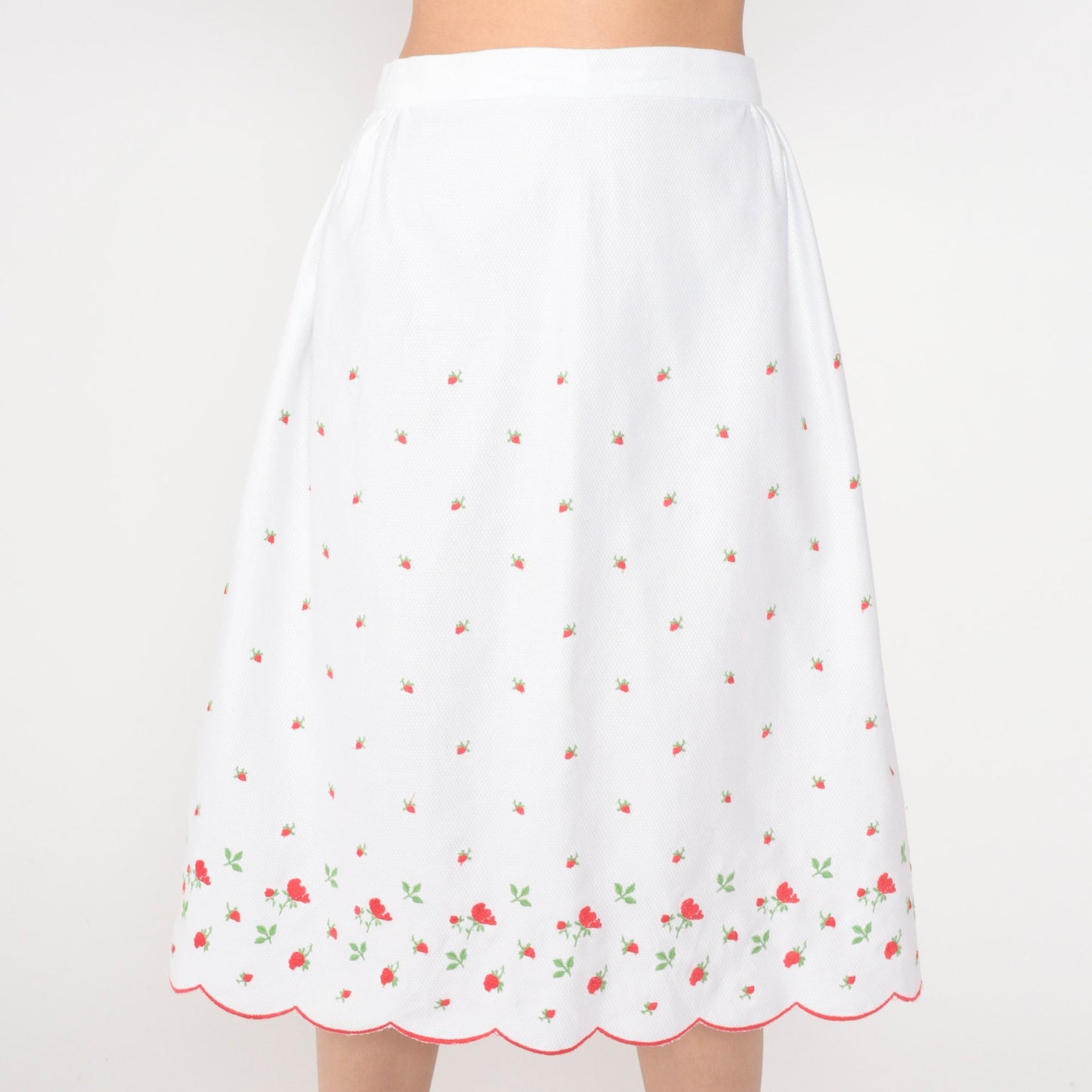 60s White Floral Embroidered Cotton Midi Skirt High Waisted Scalloped Small