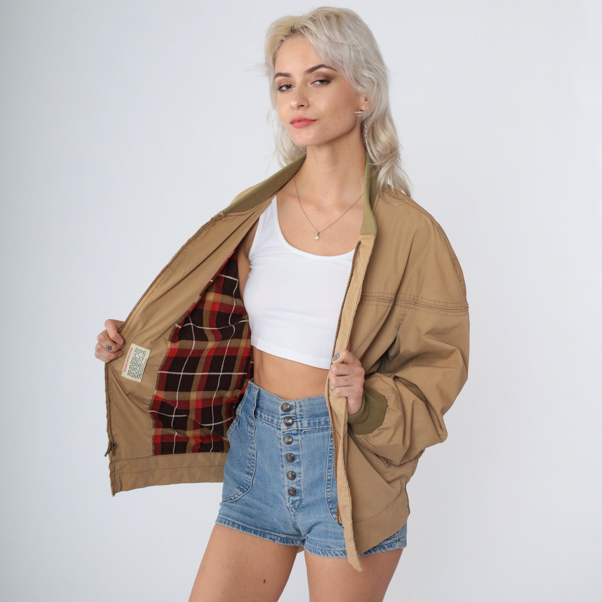 70s Tan Bomber Jacket Zip-Up Plaid Flannel Lining Small