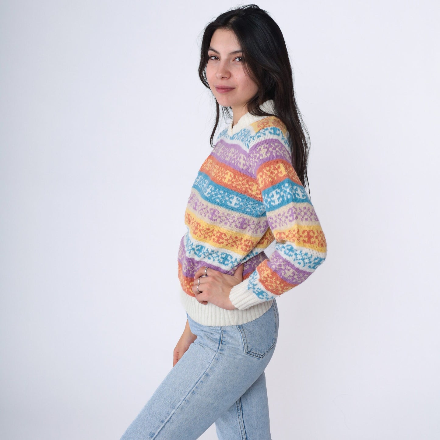 80s Nordic Snowflake Fair Isle Shawl Collar Sweater Purple Blue Cream Extra Small