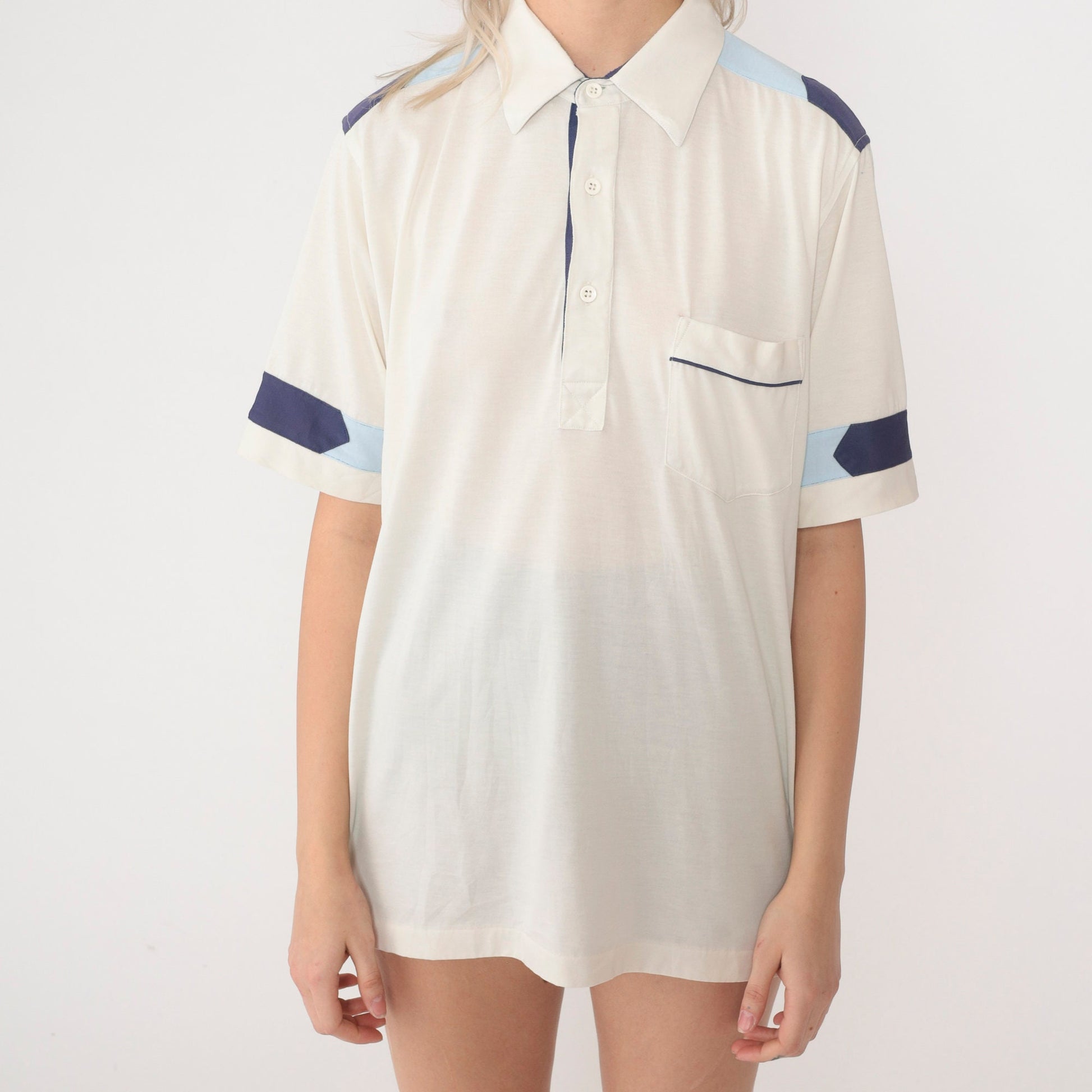 80s Royale-Air White Polo Shirt Navy Striped Trim Chest Pocket Large L