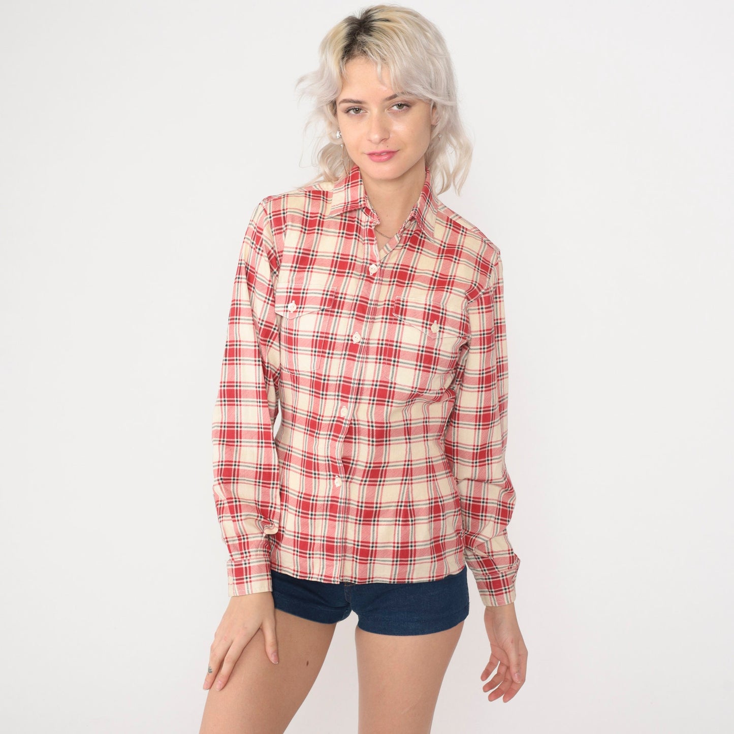 80s Armani Jeans Red Plaid Shirt & Cream Wool Vest Set Small