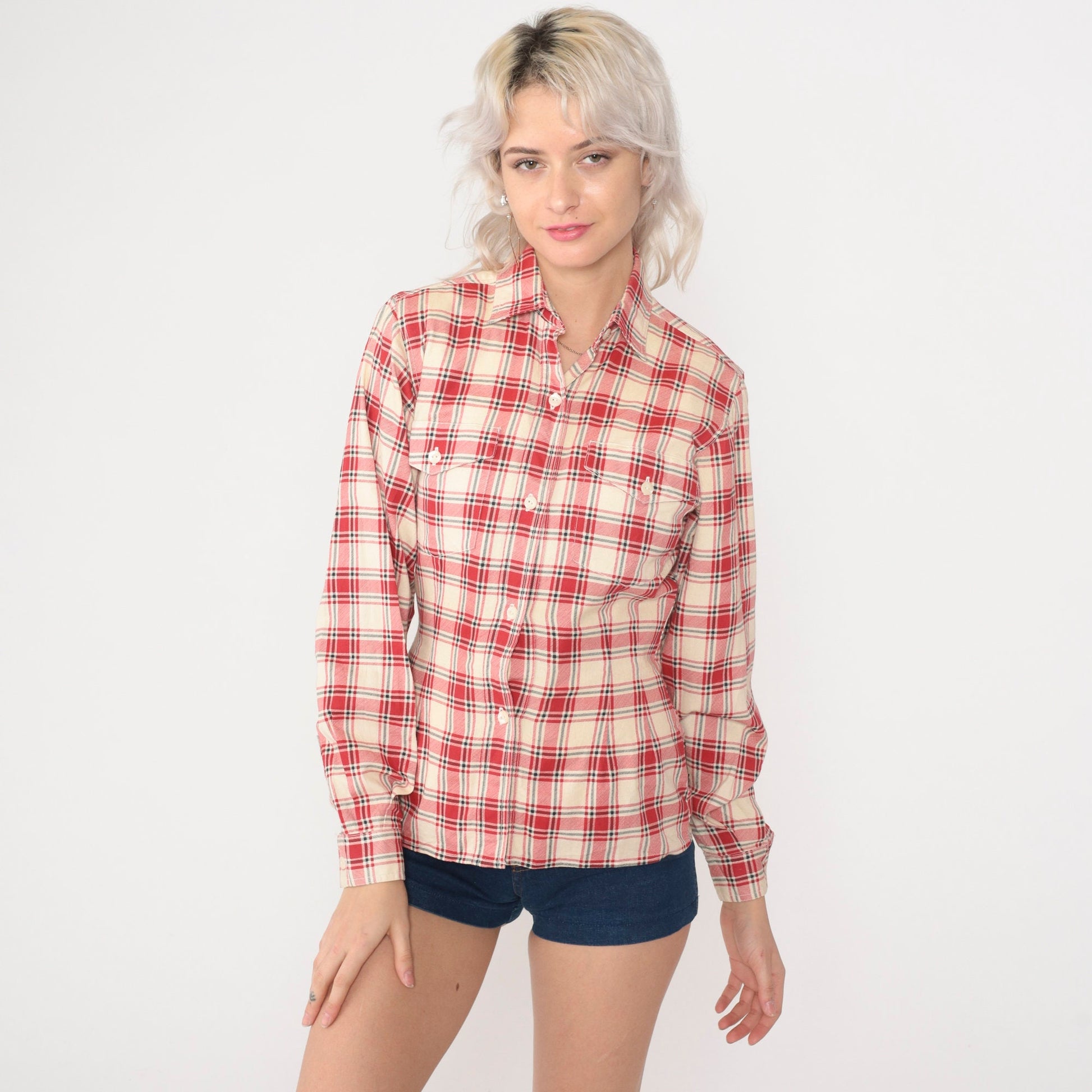 80s Armani Jeans Red Plaid Shirt & Cream Wool Vest Set Small
