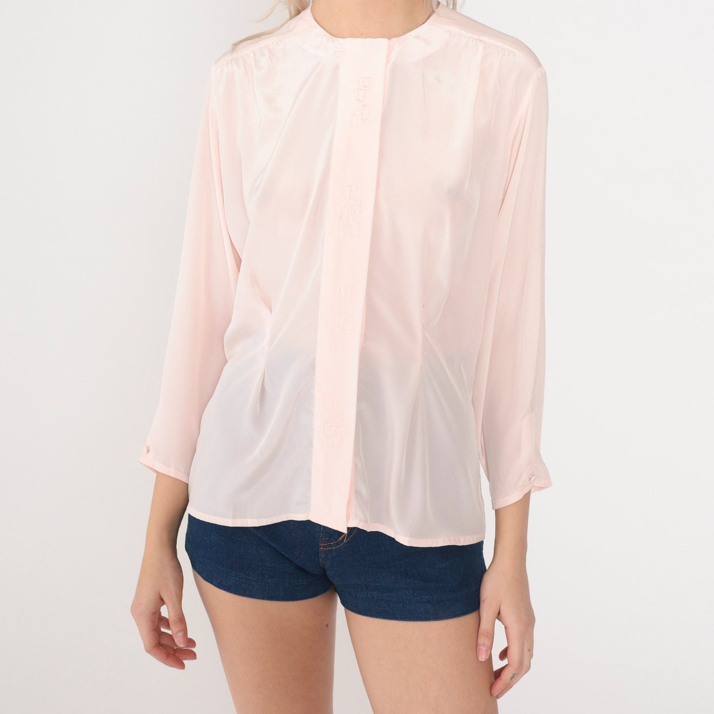 80s Baby Pink Button-Up Blouse Geometric Embroidery Long Sleeve Medium