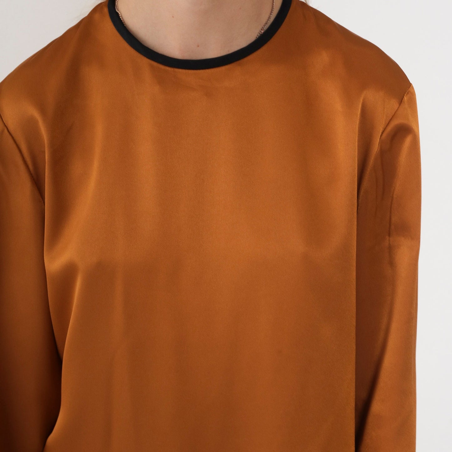 80s Kasper Burnt Orange Satin Button-Up Blouse Black Ringer Trim Medium