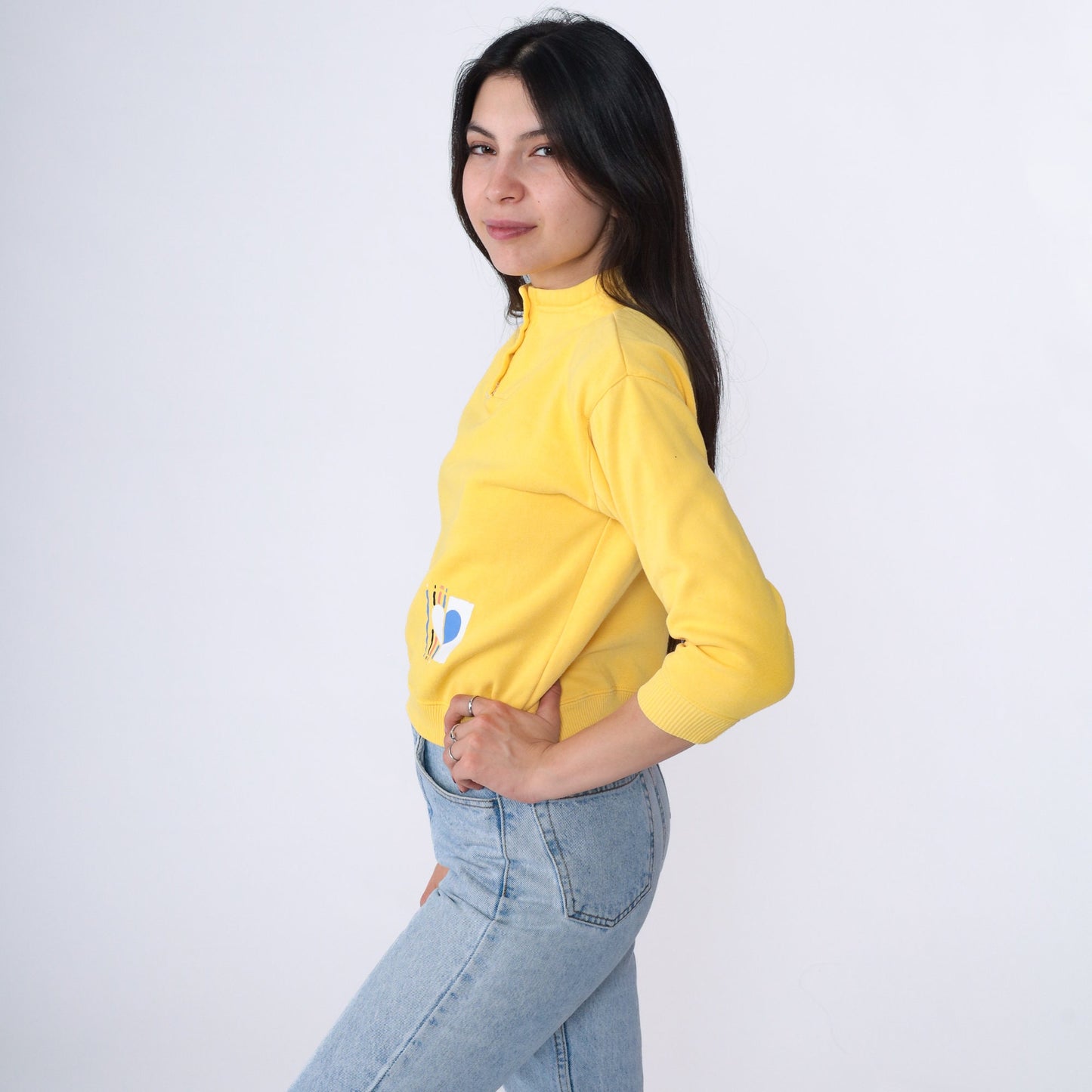 90s Yellow Heart Print Funnel Neck Sweatshirt Cropped Extra Small