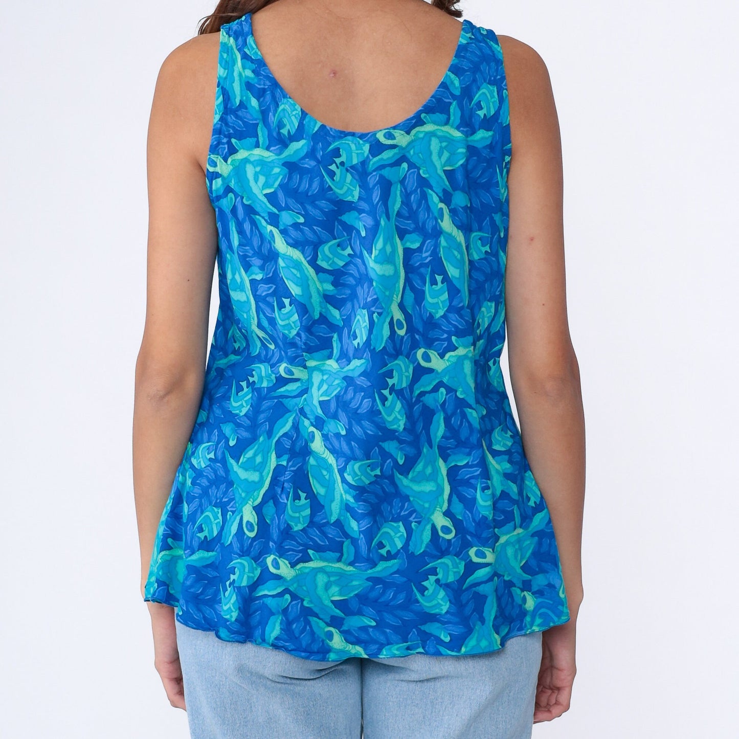 00s Sea Turtle Tropical Fish Tank Top Blue Rayon All Over Print Medium M