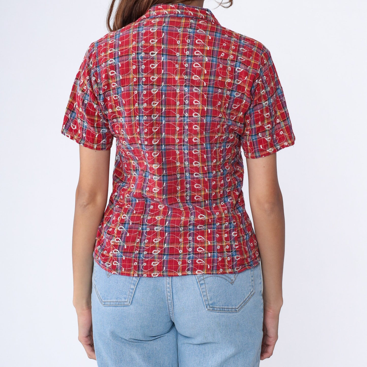 90s I Am Plaid Blouse Red Embroidered Button Up Shirt Short Sleeve Small