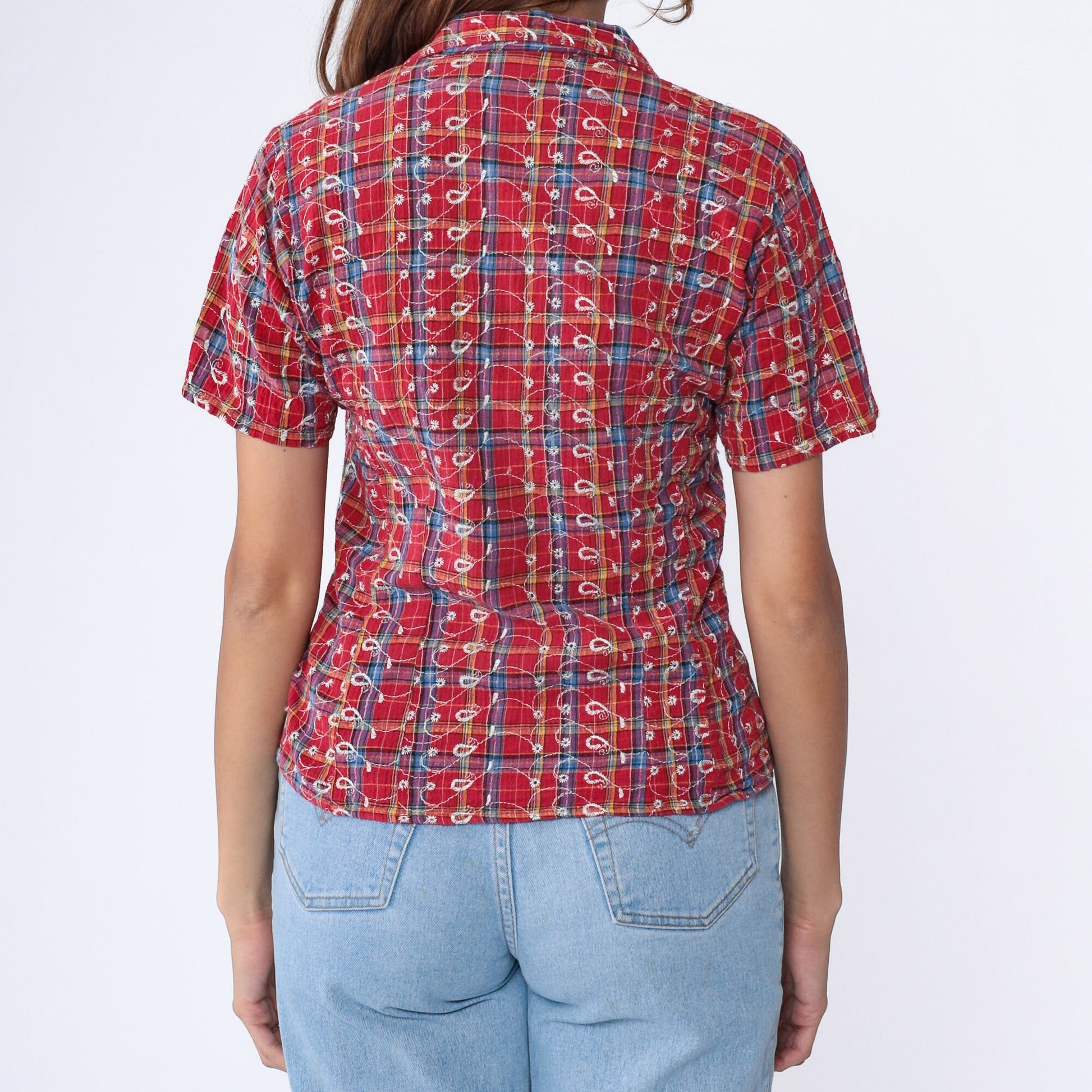 90s I Am Plaid Blouse Red Embroidered Button Up Shirt Short Sleeve Small