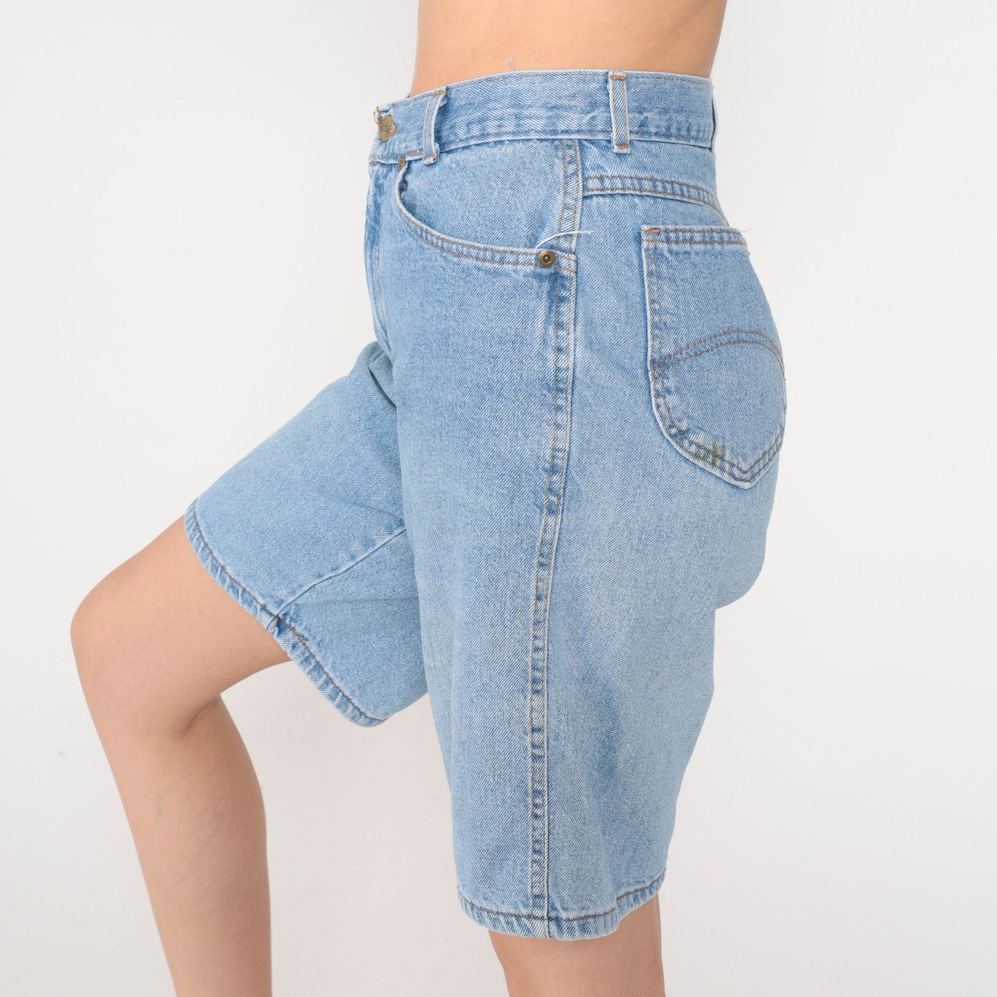 90s Blue Denim Bermuda Shorts High Rise Stone Wash Extra Small XS