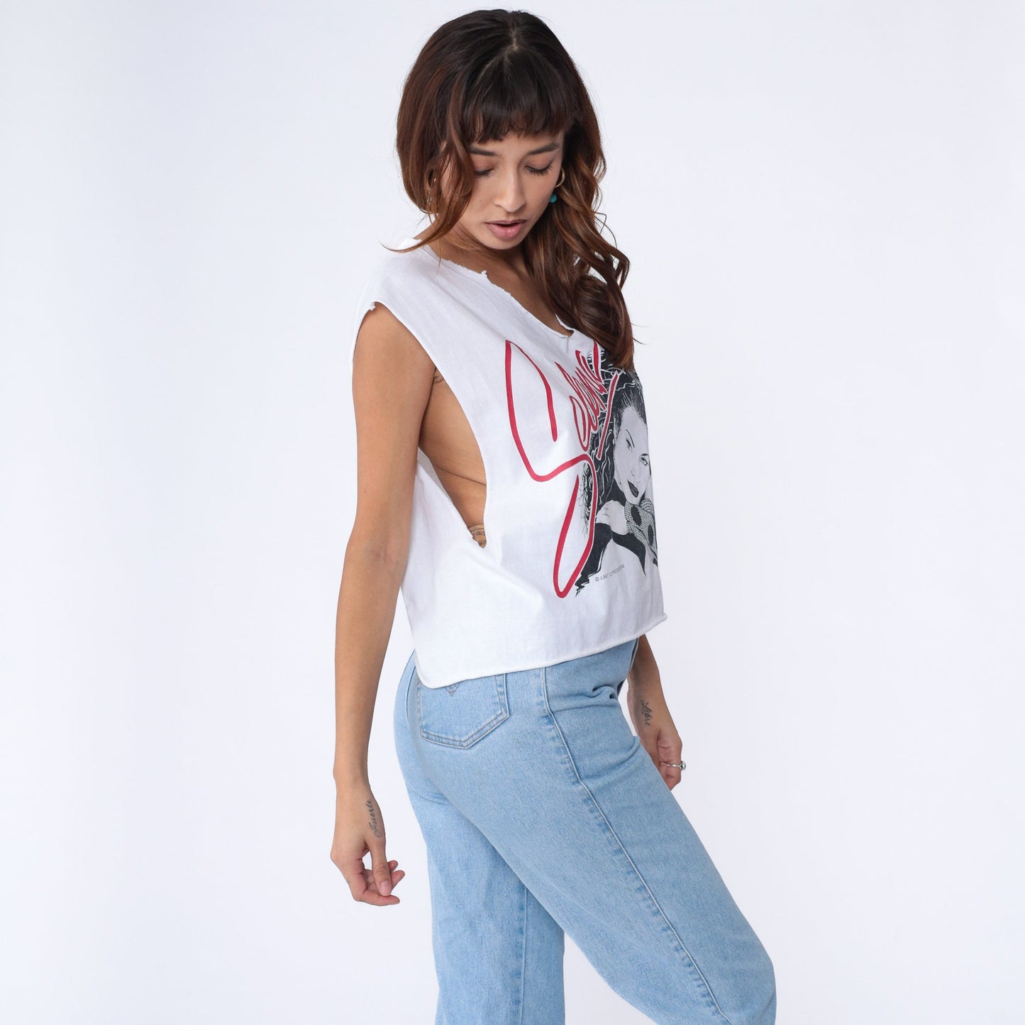 90s Selena Quintanilla Tank Top White Cutoff Crop V-Neck Small Medium