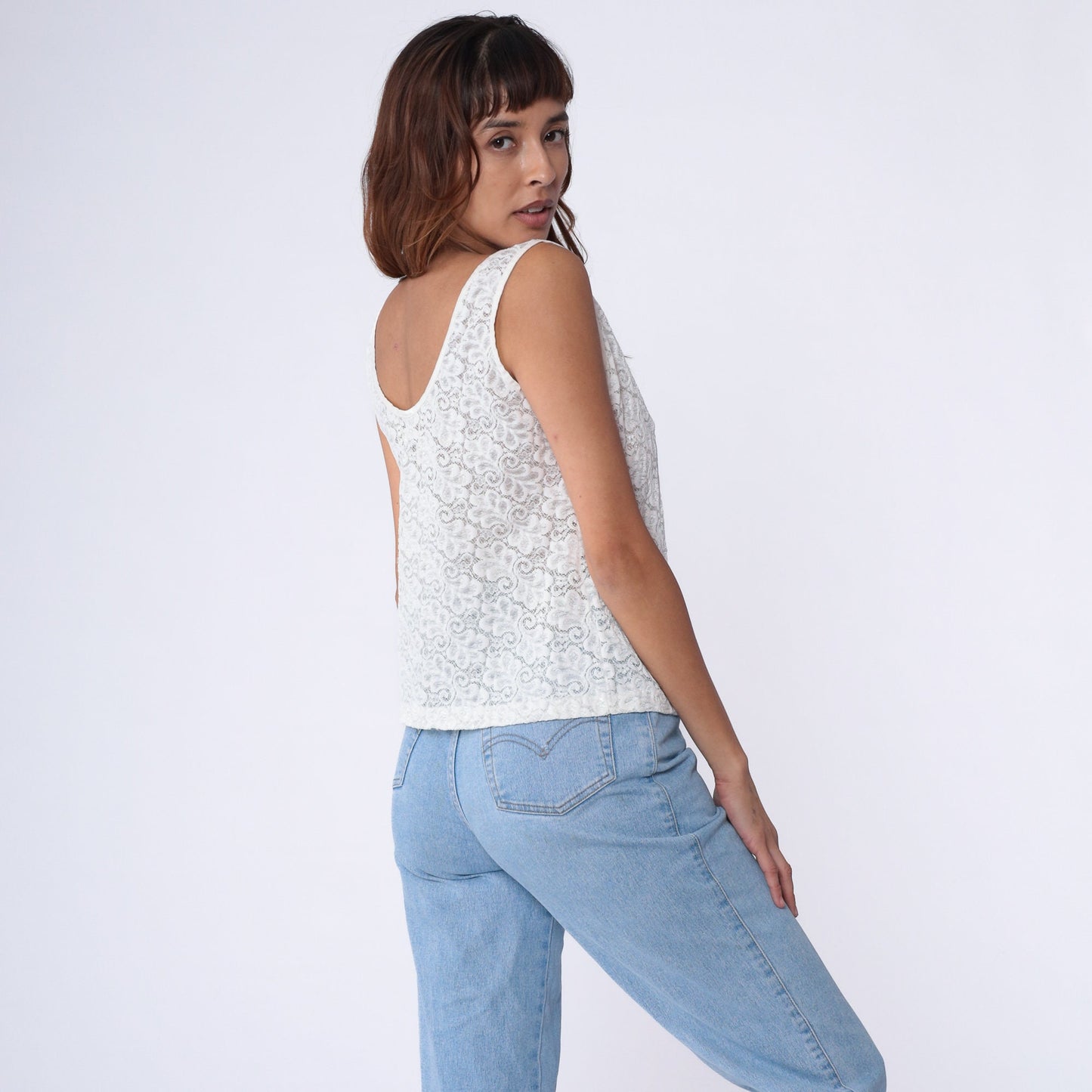 80s White Lace Camisole Sheer Floral Tank Top Large L