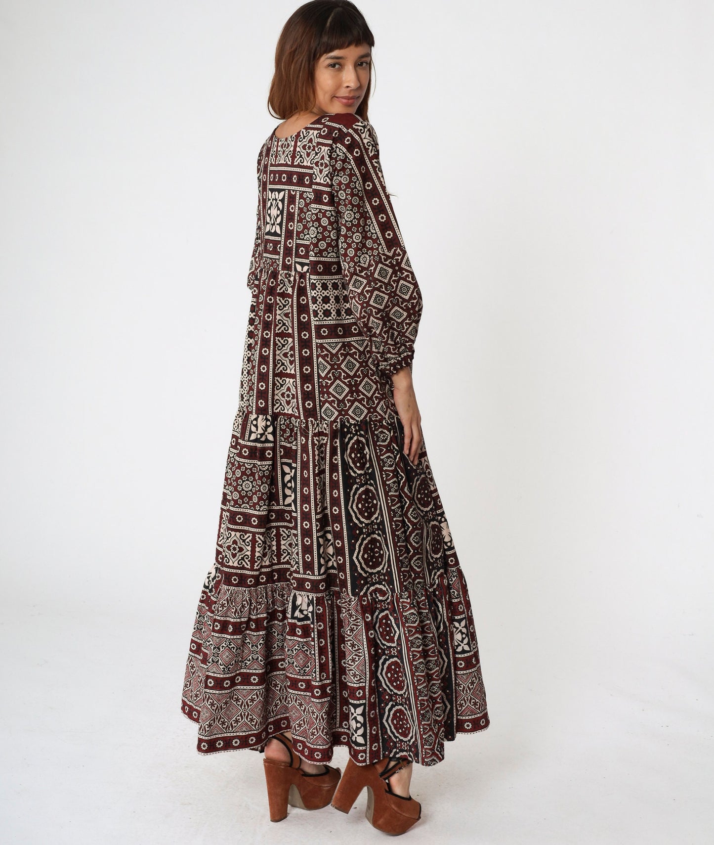 80s Burgundy Geometric Print Maxi Dress Tiered Skirt Keyhole Tie Neck Medium