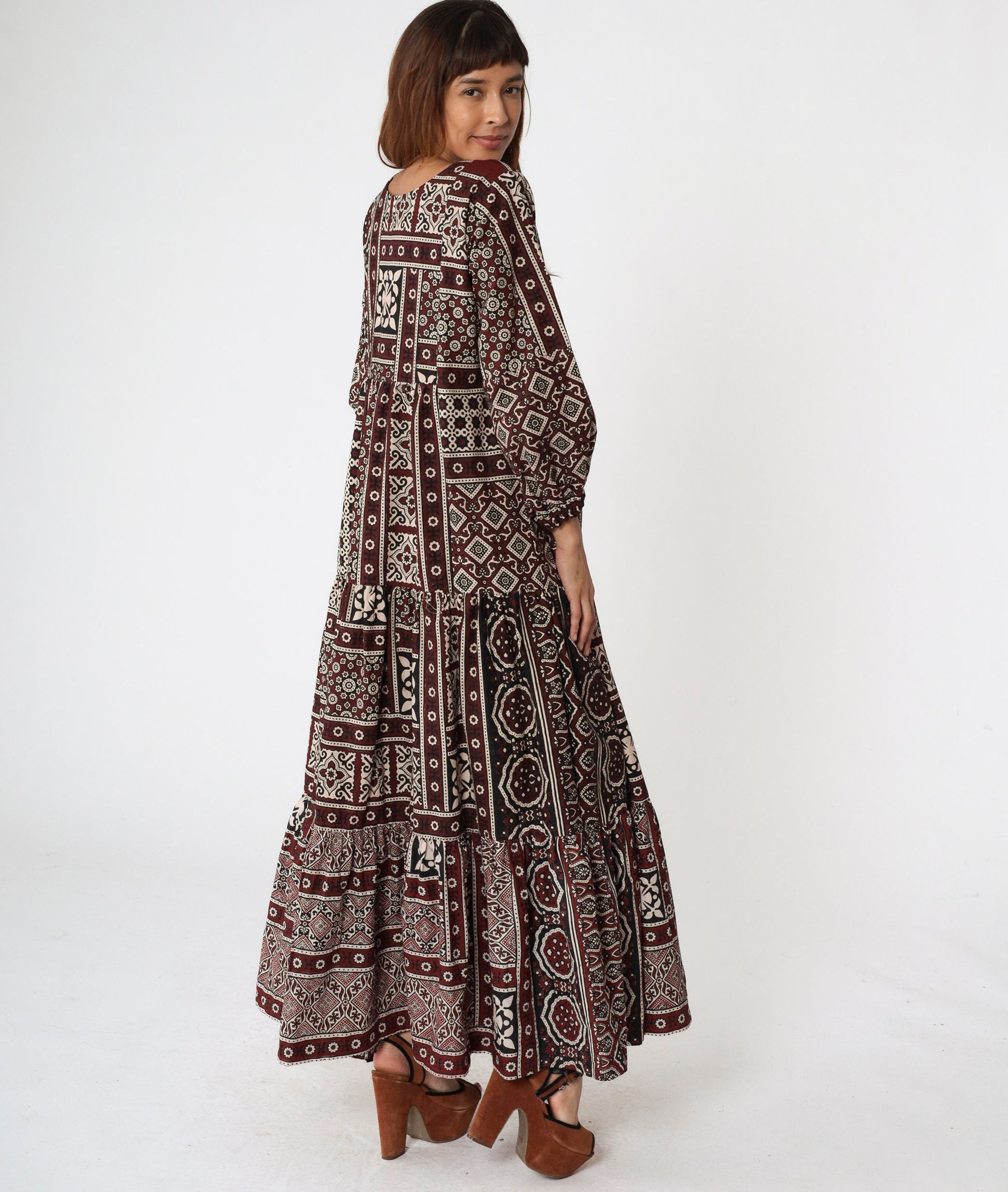 80s Burgundy Geometric Print Maxi Dress Tiered Skirt Keyhole Tie Neck Medium