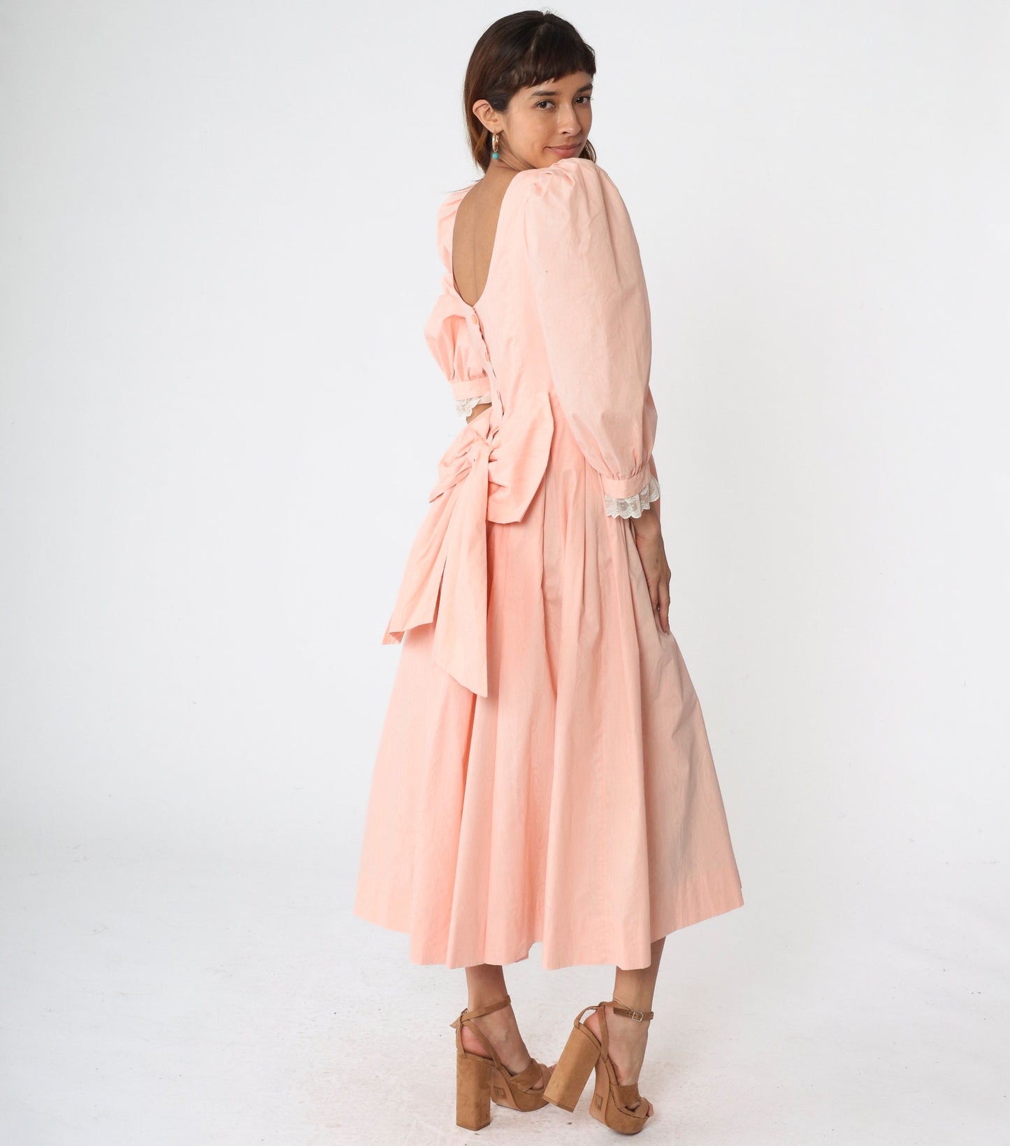 80s Baby Pink Puff Sleeve Midi Dress Lace Trim Pleated Scoop Back Small