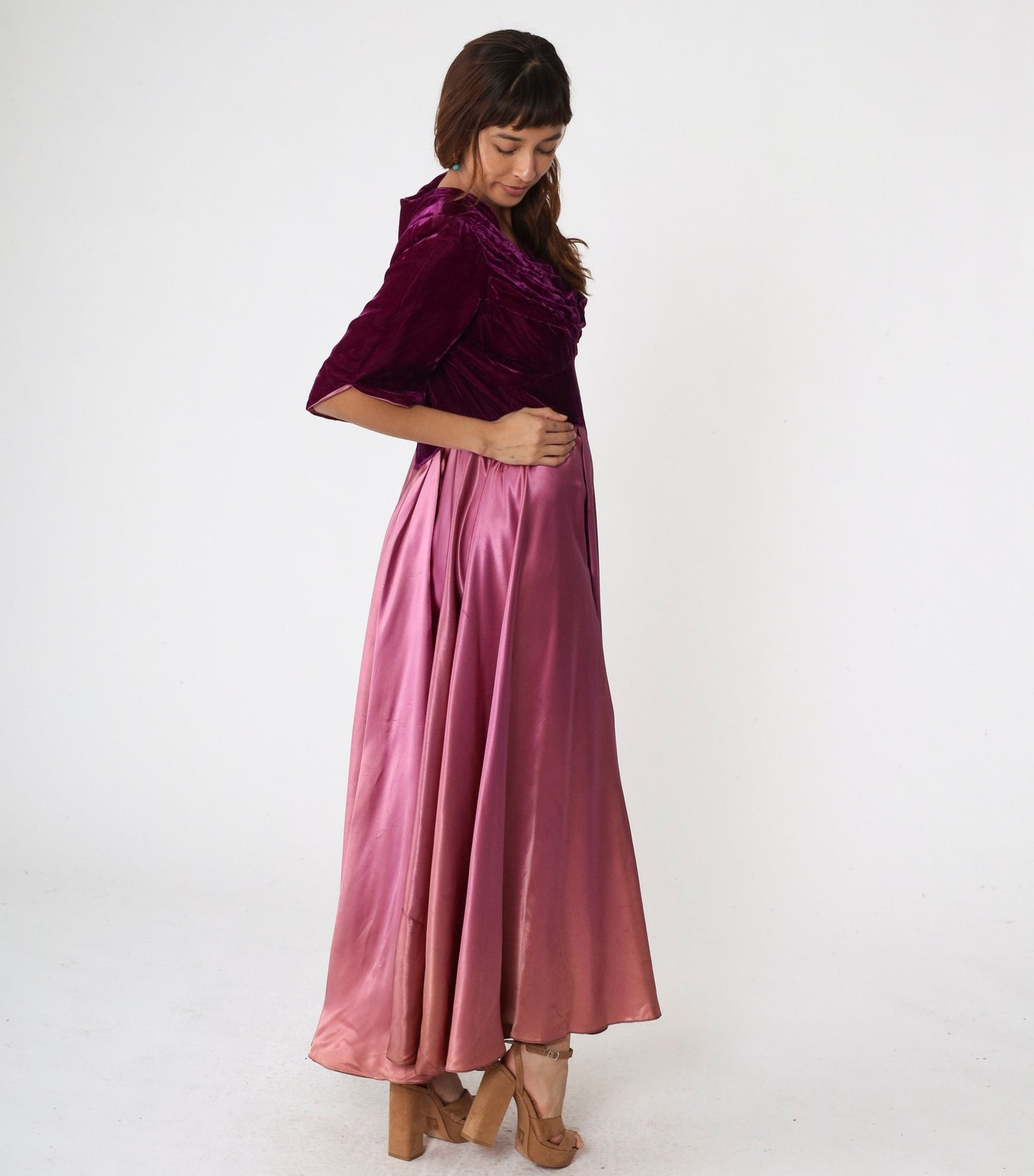 70s Purple Velvet Satin Maxi Dress Basque Waist Short Sleeve Large