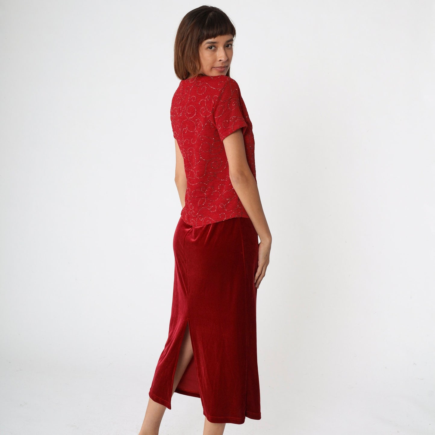 90s Kathie Lee Red Velvet Midi Dress Glitter Bodice Drop Waist Small