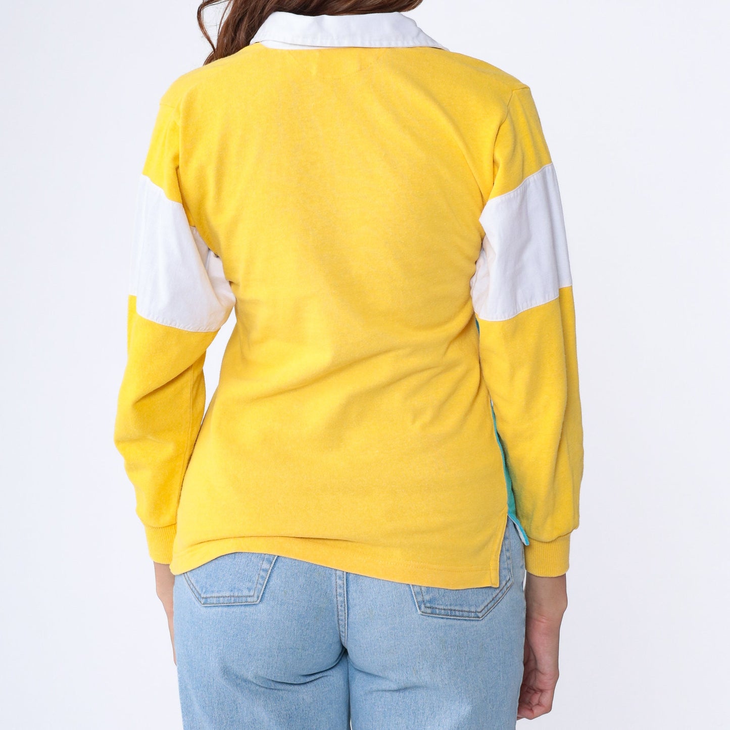 90s Coca-Cola Colour Block Polo Long Sleeve Graphic Tee White Blue Yellow Extra Small
