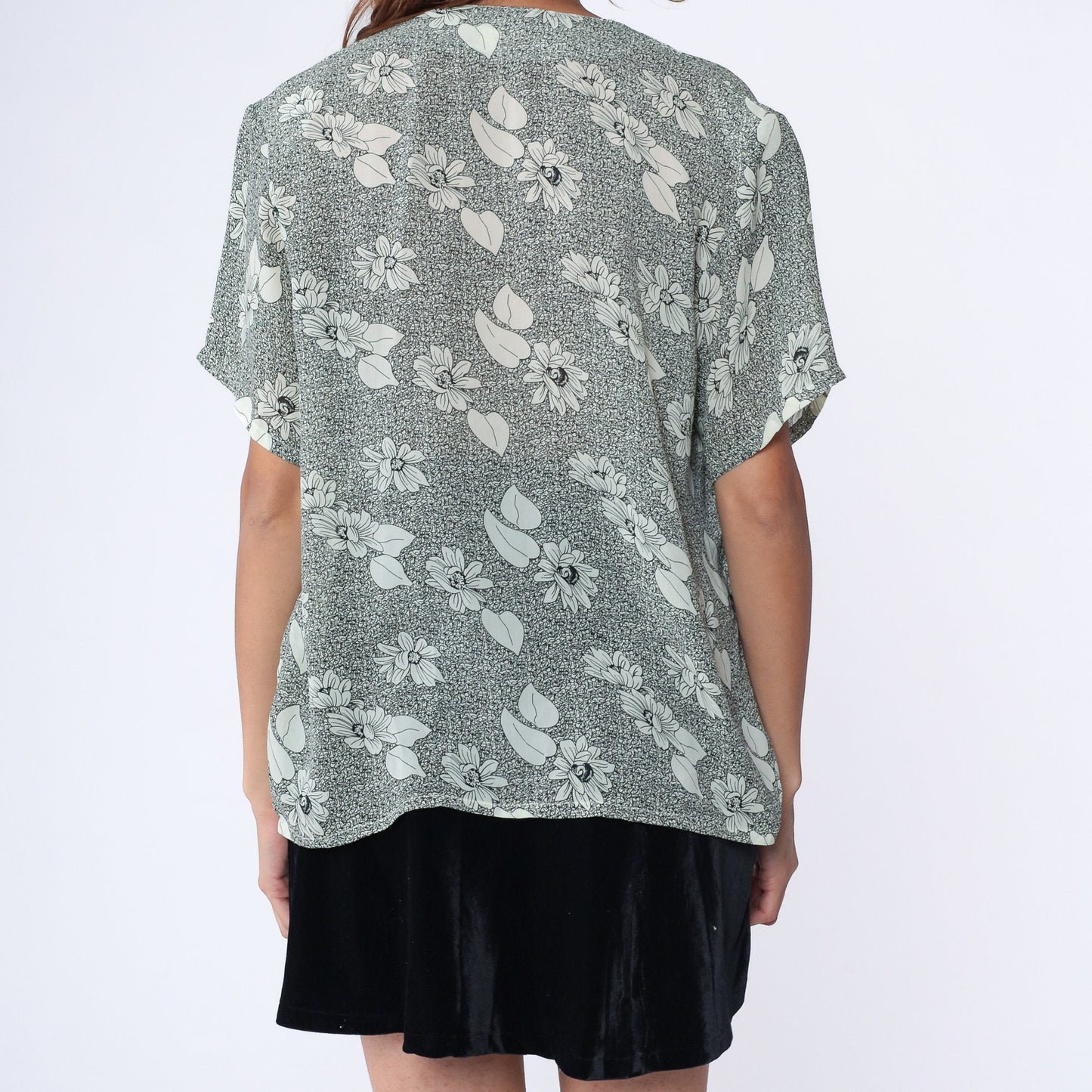 90s Floral Button-Up Blouse Black Yellow Flower Print Short Sleeve Medium