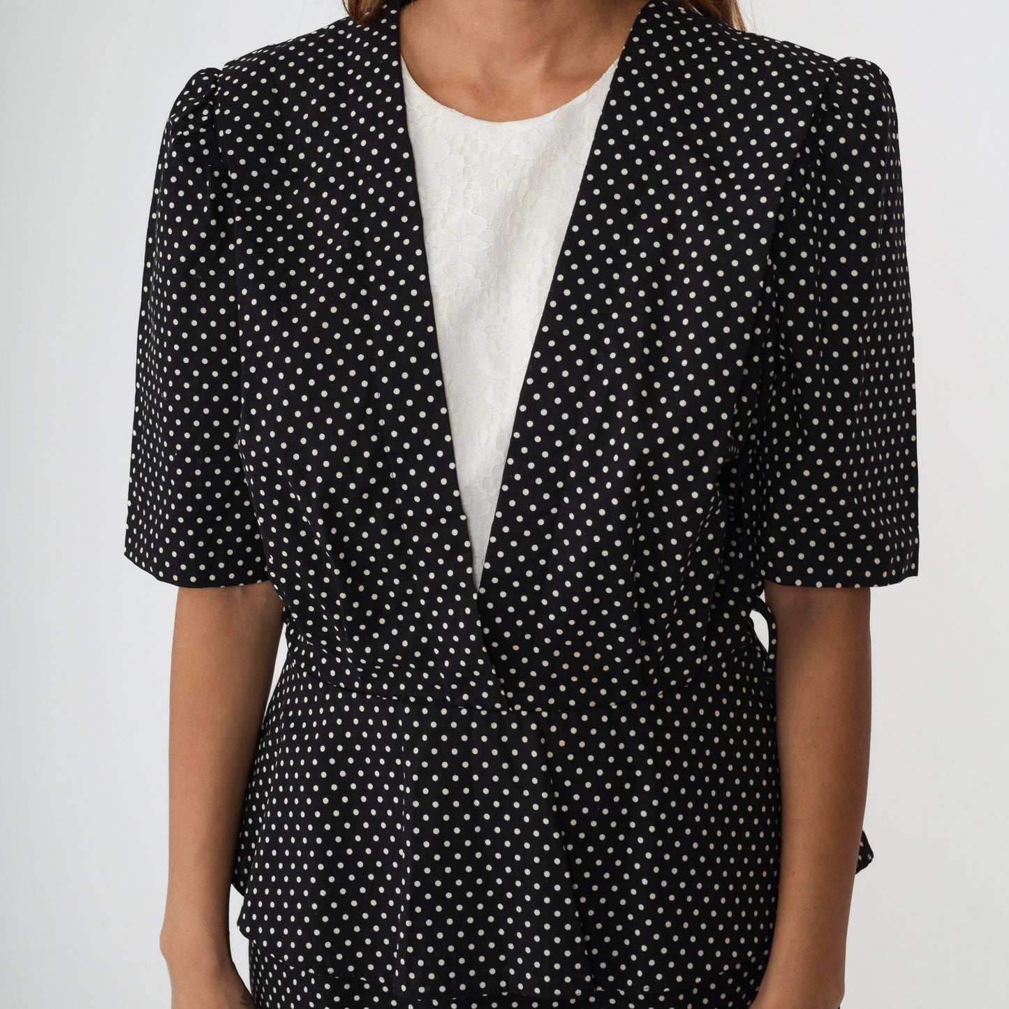 80s Black Polka Dot Peplum Mini Dress Puff Sleeve Lace Trim Medium