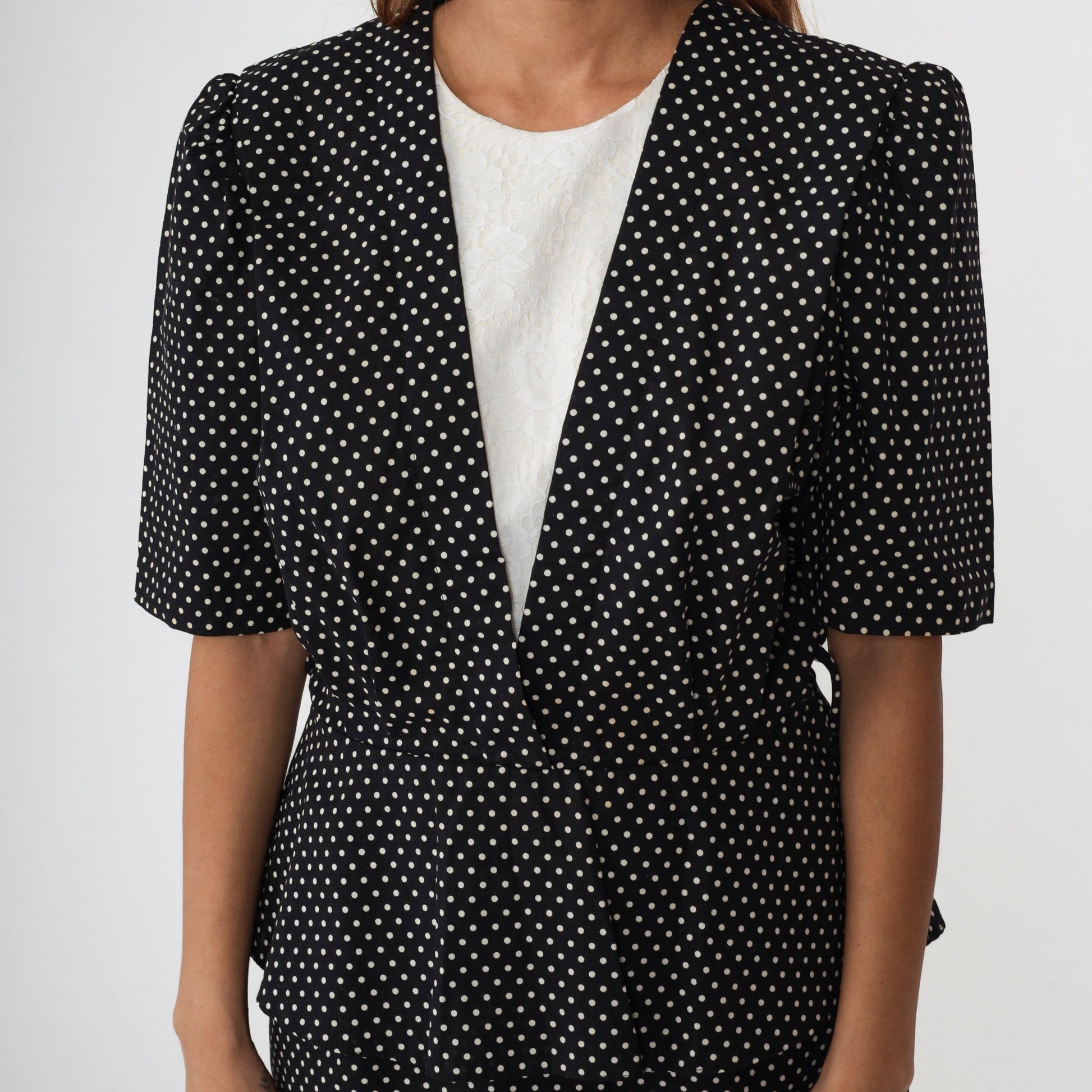 80s Black Polka Dot Peplum Mini Dress Puff Sleeve Lace Trim Medium