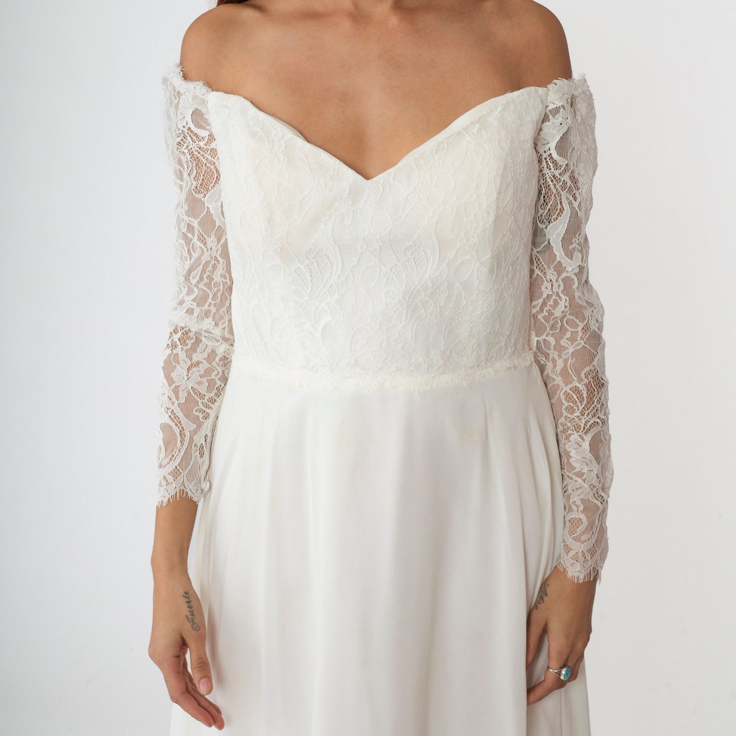 00s Christina Wu Wedding Dress Off-Shoulder Lace Chiffon Maxi White Large 14