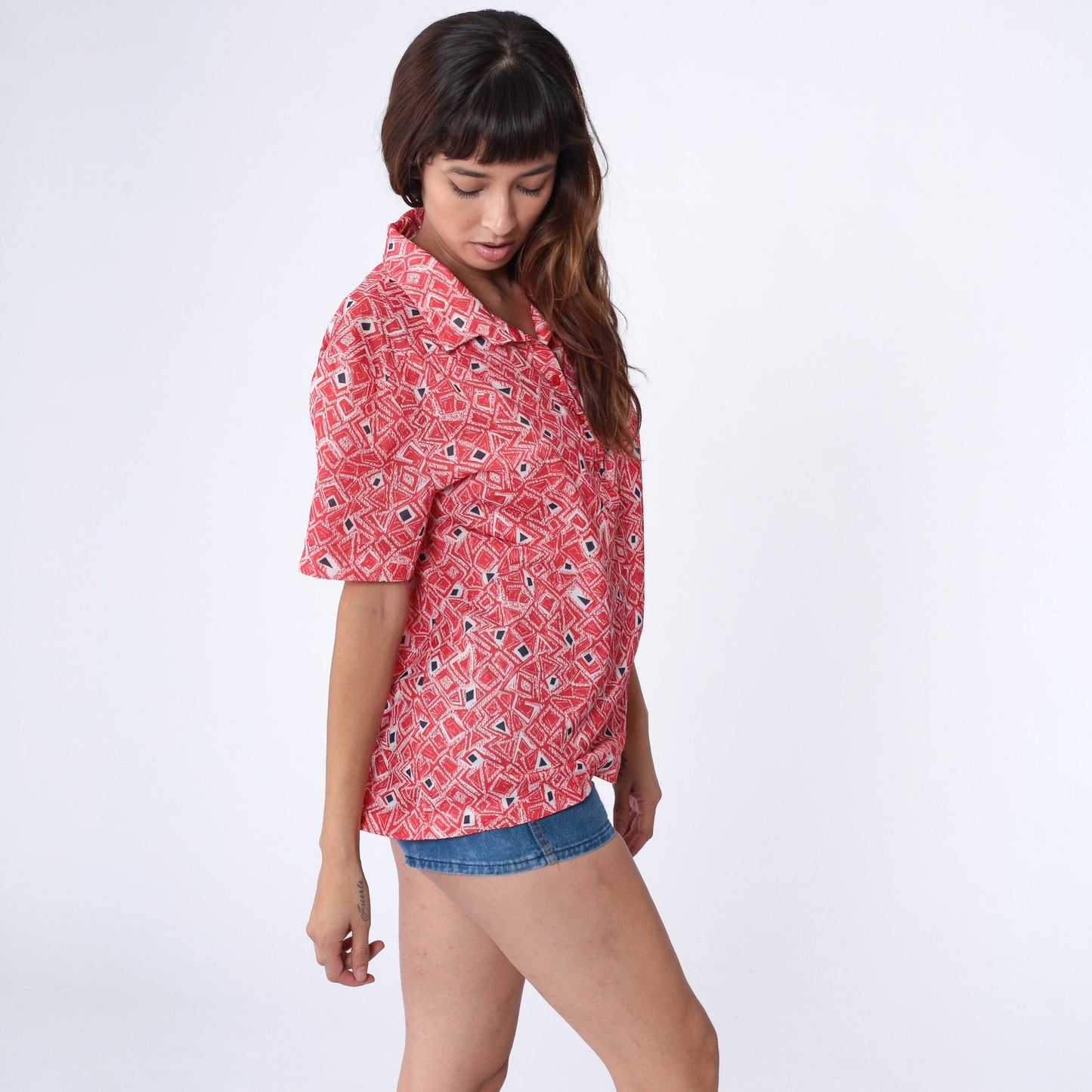 70s Geometric Print Collared Blouse Red White Psychedelic Shirt Extra Large