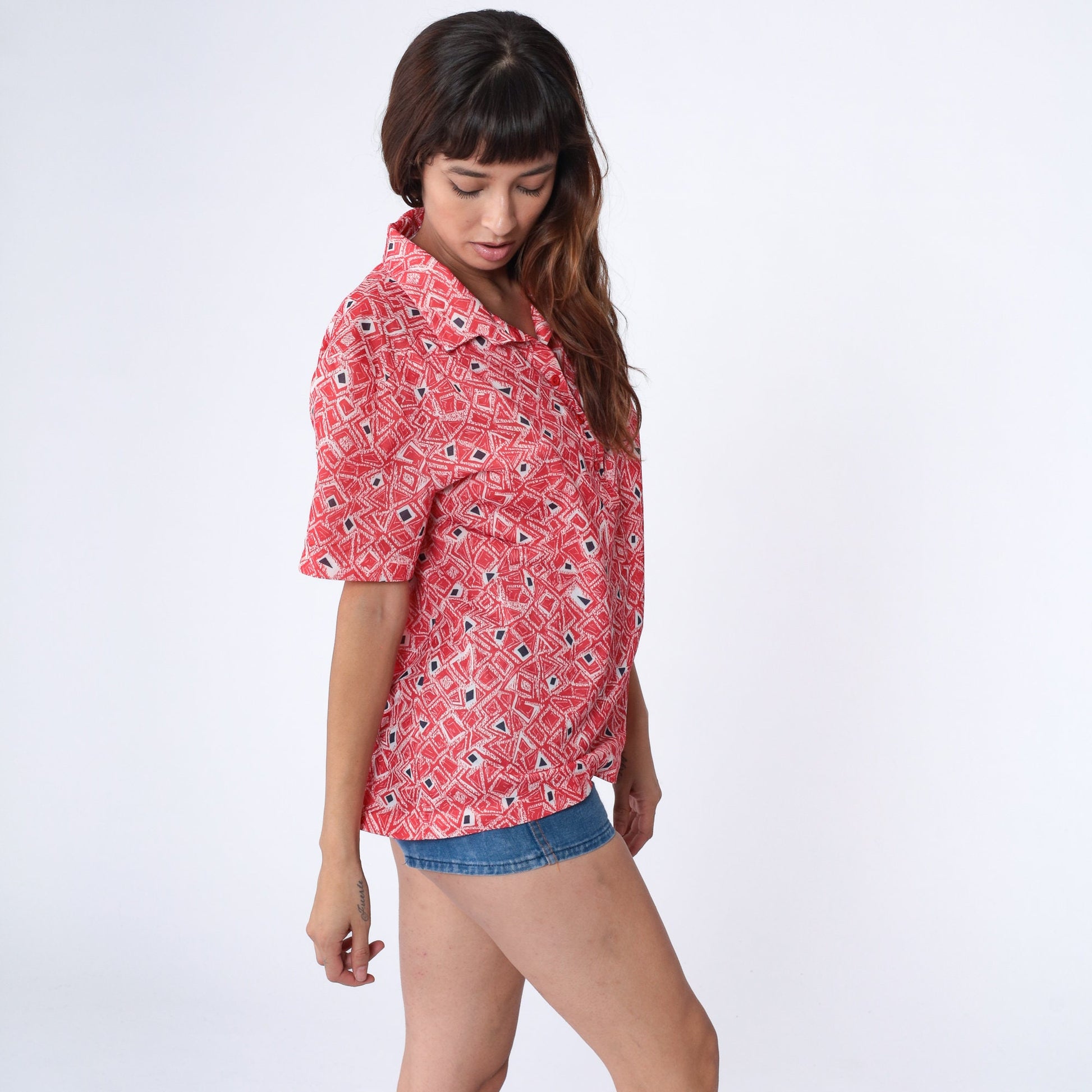 70s Geometric Print Collared Blouse Red White Psychedelic Shirt Extra Large