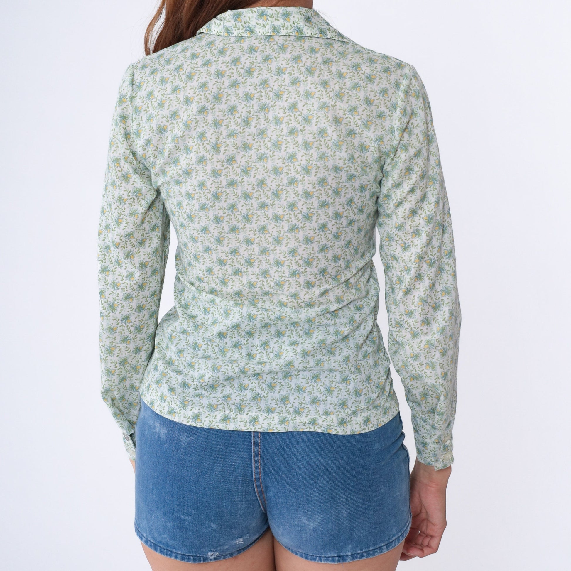 70s Floral Button-Up Blouse White Green Pointed Collar Long Sleeve Extra Small