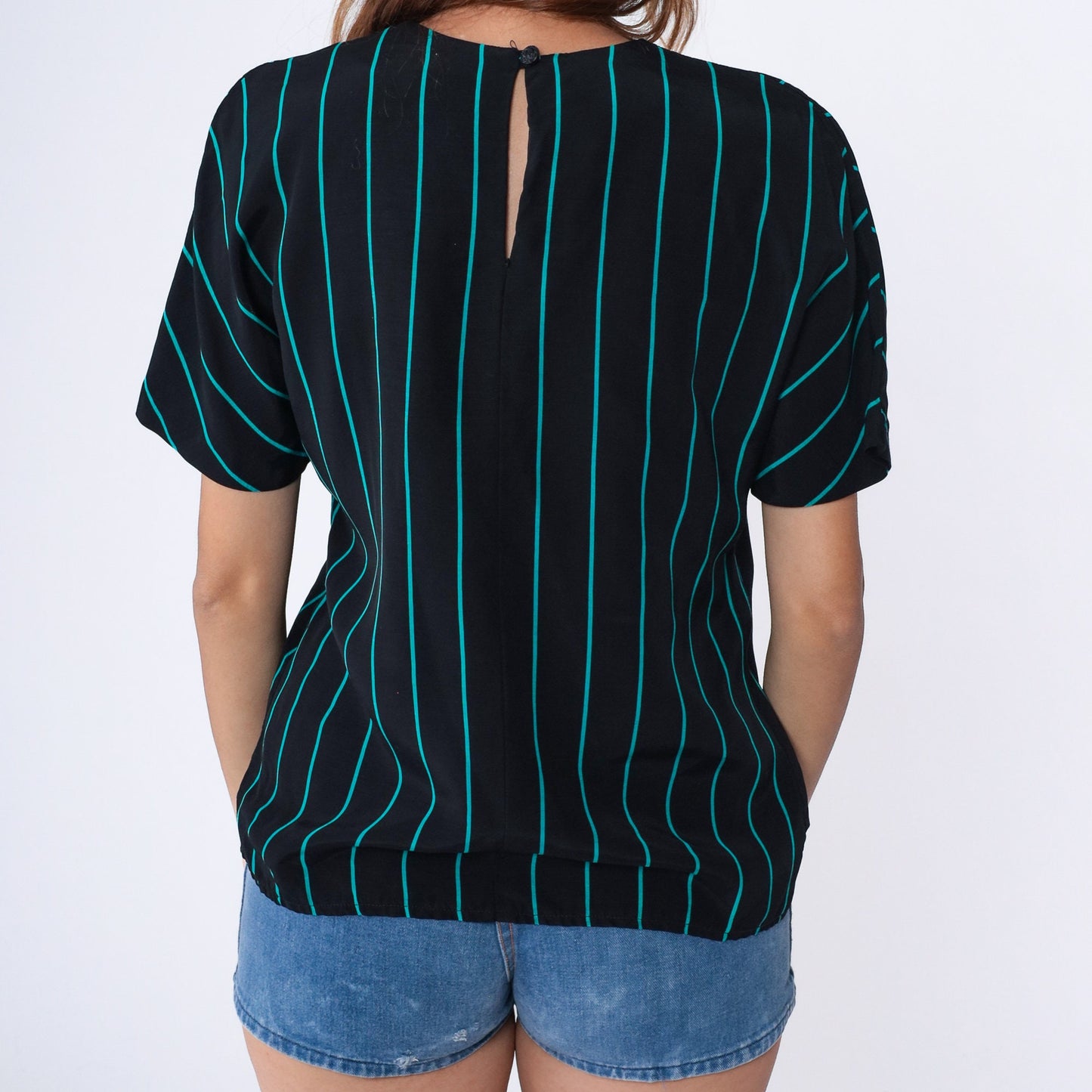 80s Black Striped Rayon Blouse Turquoise Short Sleeve Button Back Medium