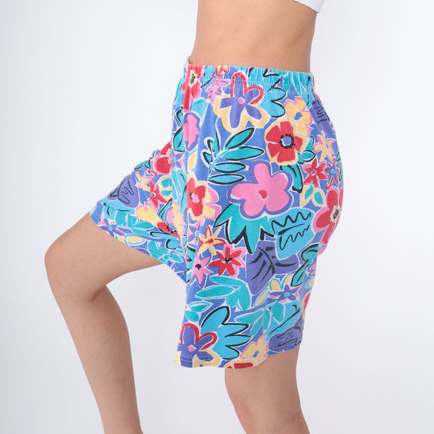 90s Tropical Floral High-Waist Wide-Leg Shorts Purple Blue Medium