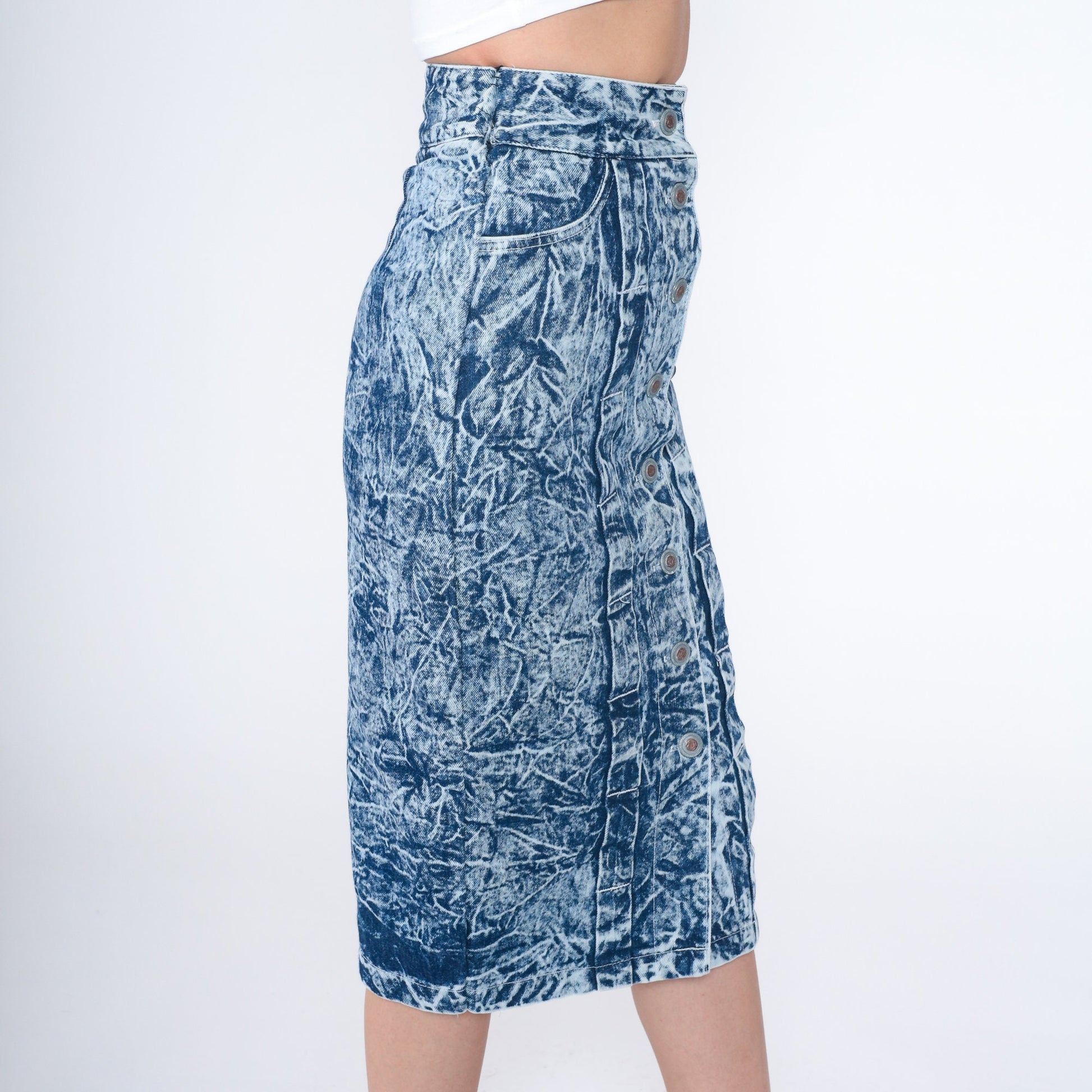 80s Acid Wash Denim Skirt High Waist Button Front Mini Blue XXS