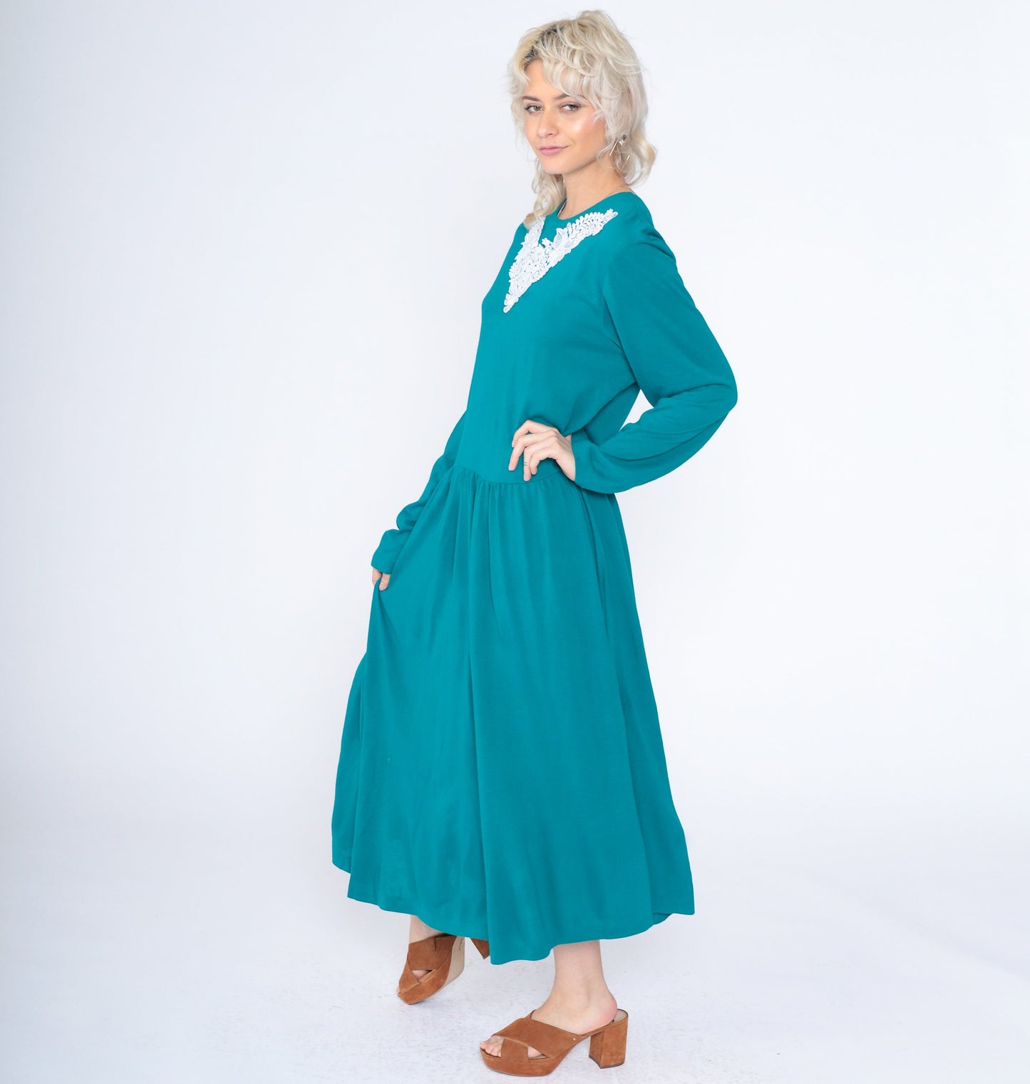 90s Teal Floral Lace Applique Maxi Dress Long Sleeve Low Waist Ankle Length Extra Large