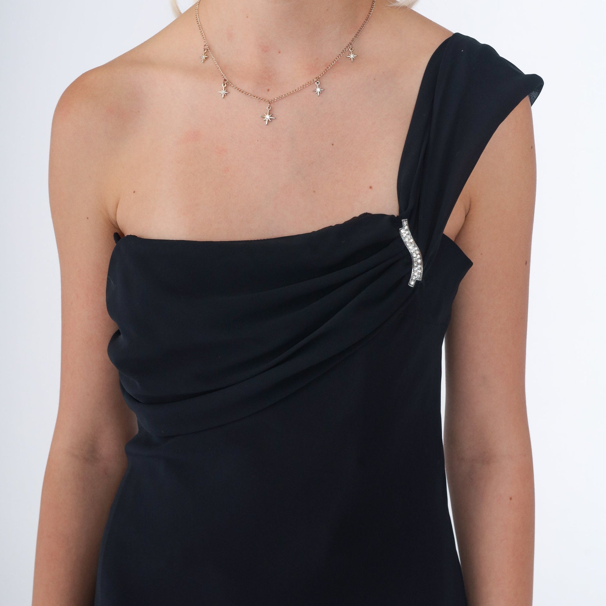 90s Black One-Shoulder Midi Dress Rhinestone Brooch Party Formal Extra Small