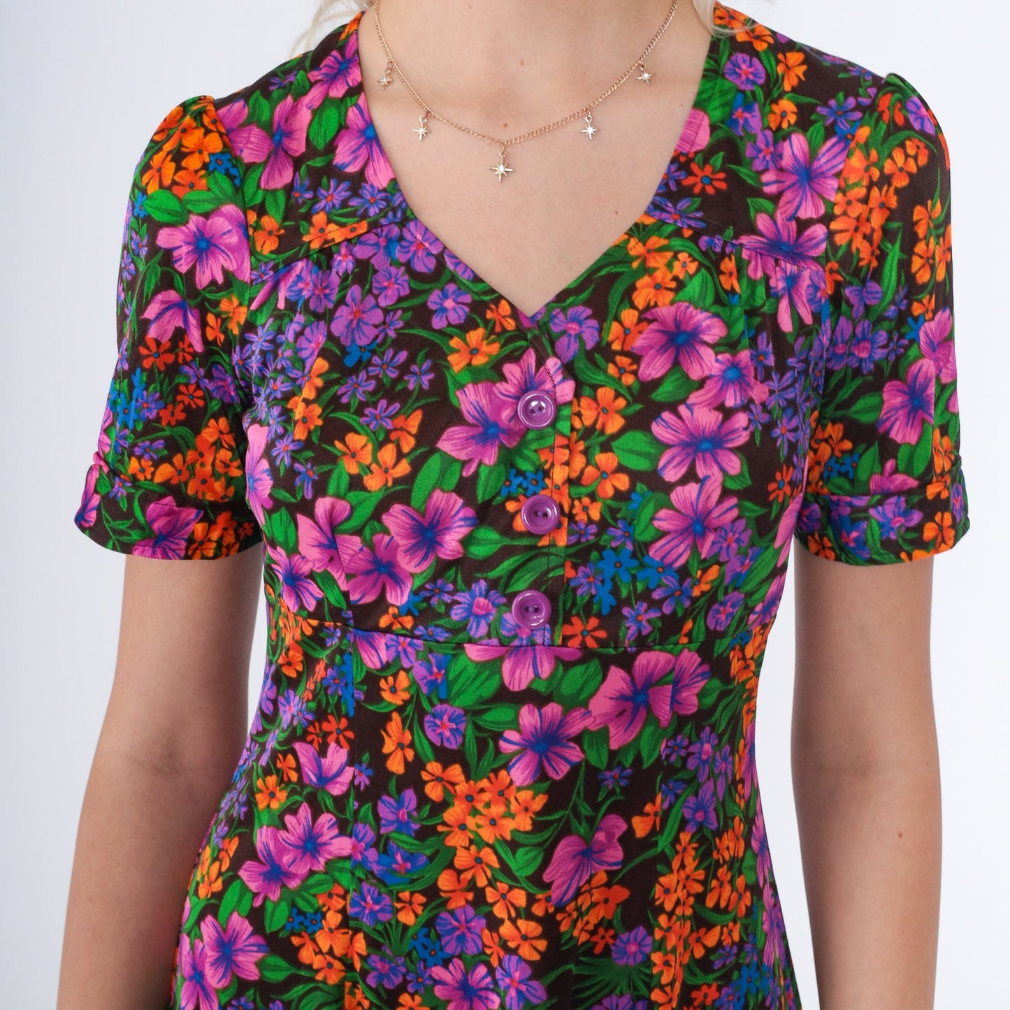 70s Floral Babydoll Mini Dress Empire Waist Button-Up Black Small S
