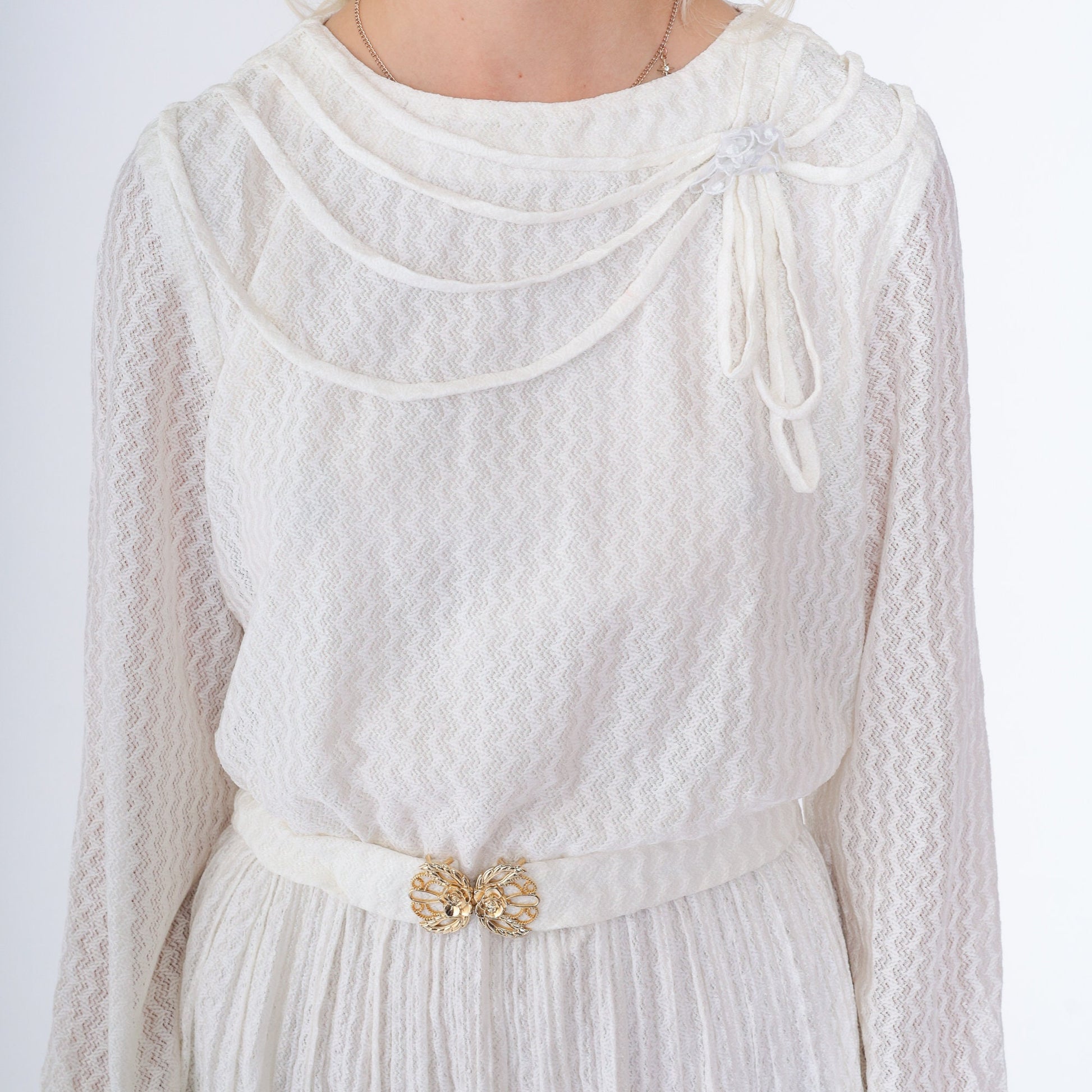 80s White Lace Midi Dress High Waisted Long Sleeve Gold Belt Small