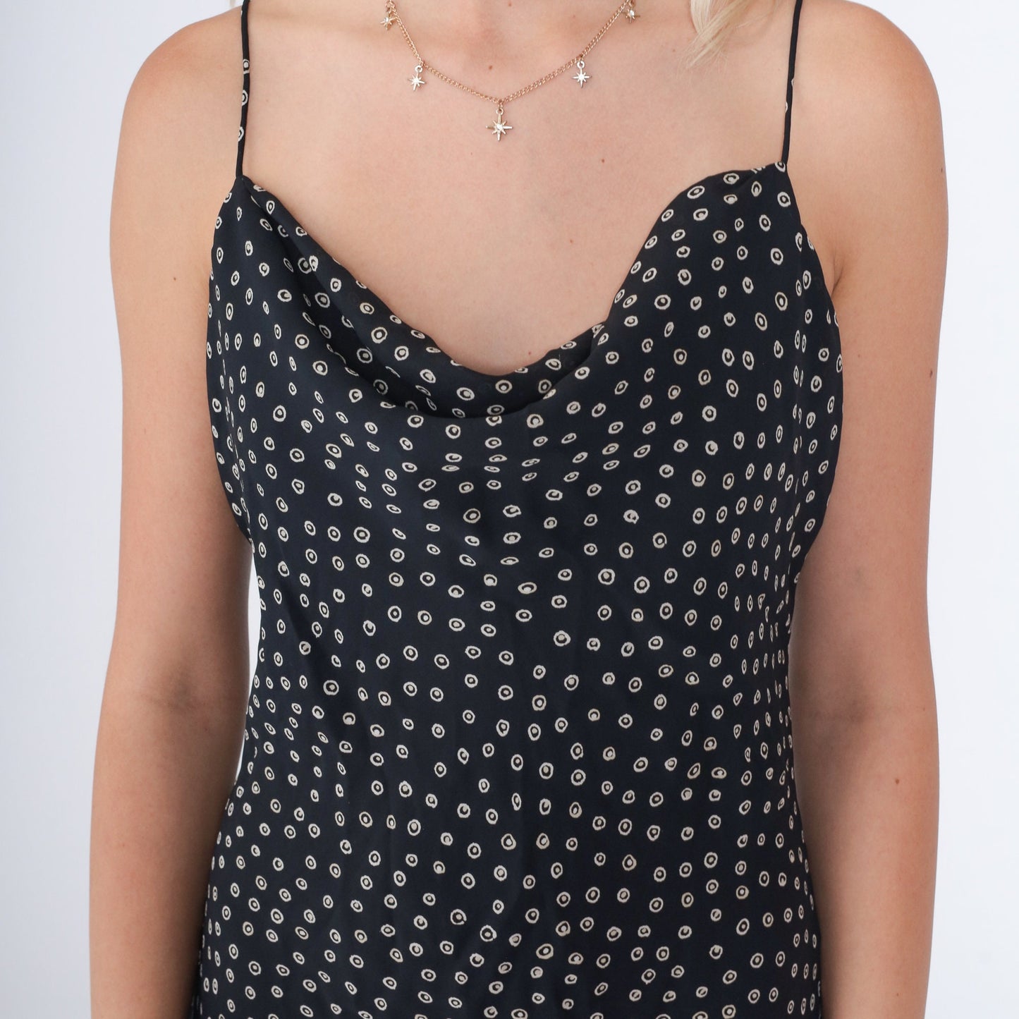 90s Kathy Lee Black White Ring Dot Asymmetrical Midi Dress Cowl Neck Medium