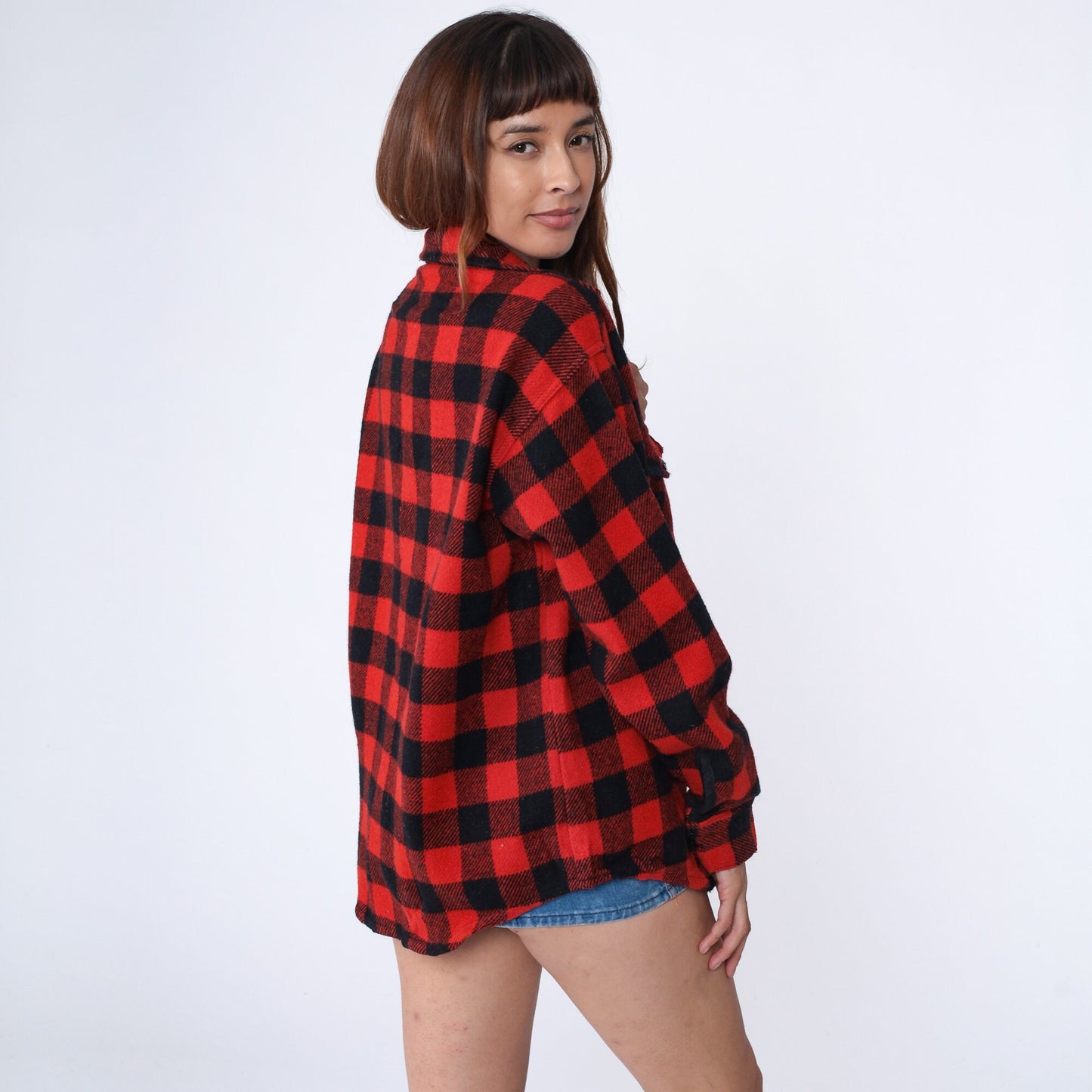70s Buffalo Plaid Wool Shirt Red Black Lumberjack CPO Jacket Large L