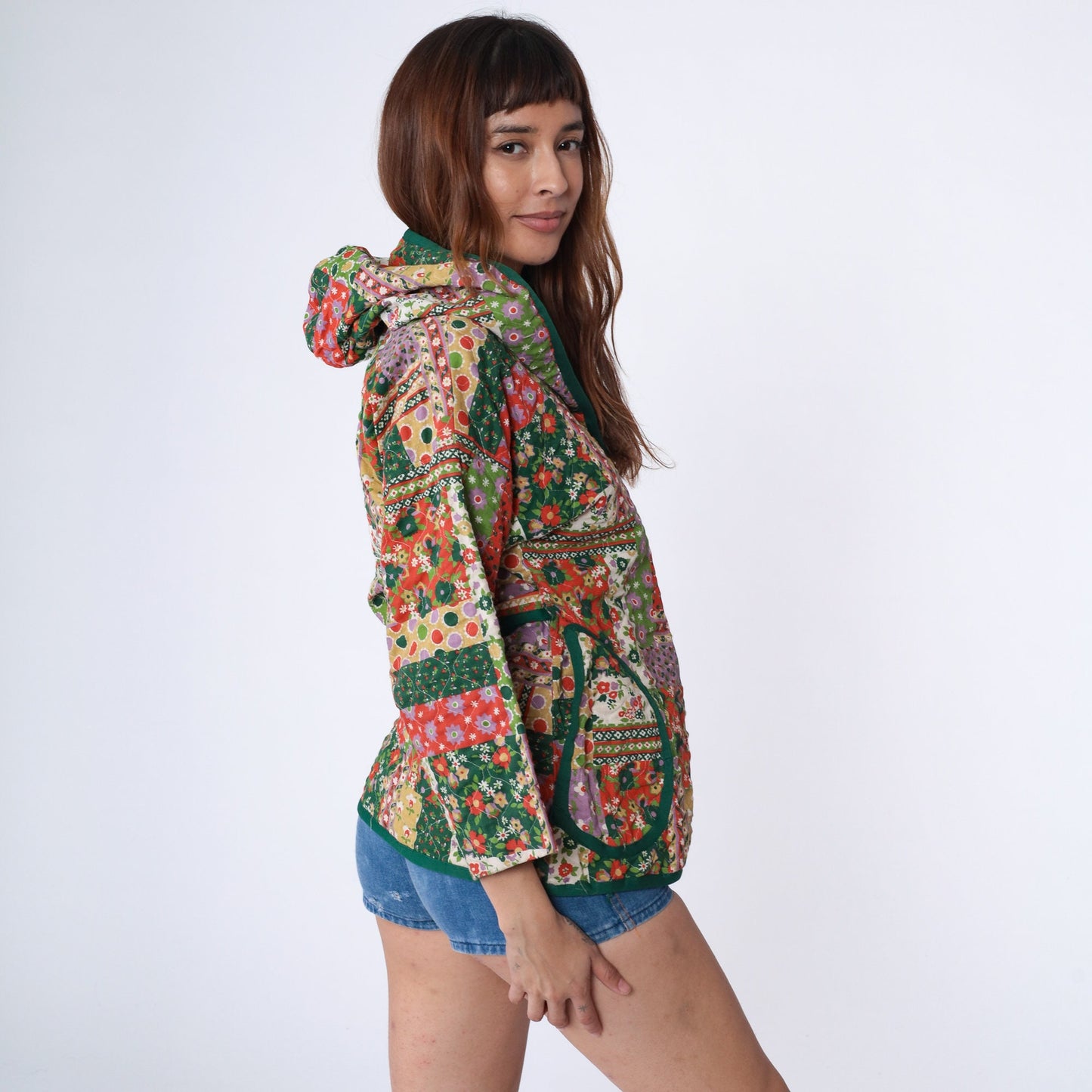 70s Patchwork Floral Quilted Hooded Jacket Green Wrap Toggle Small