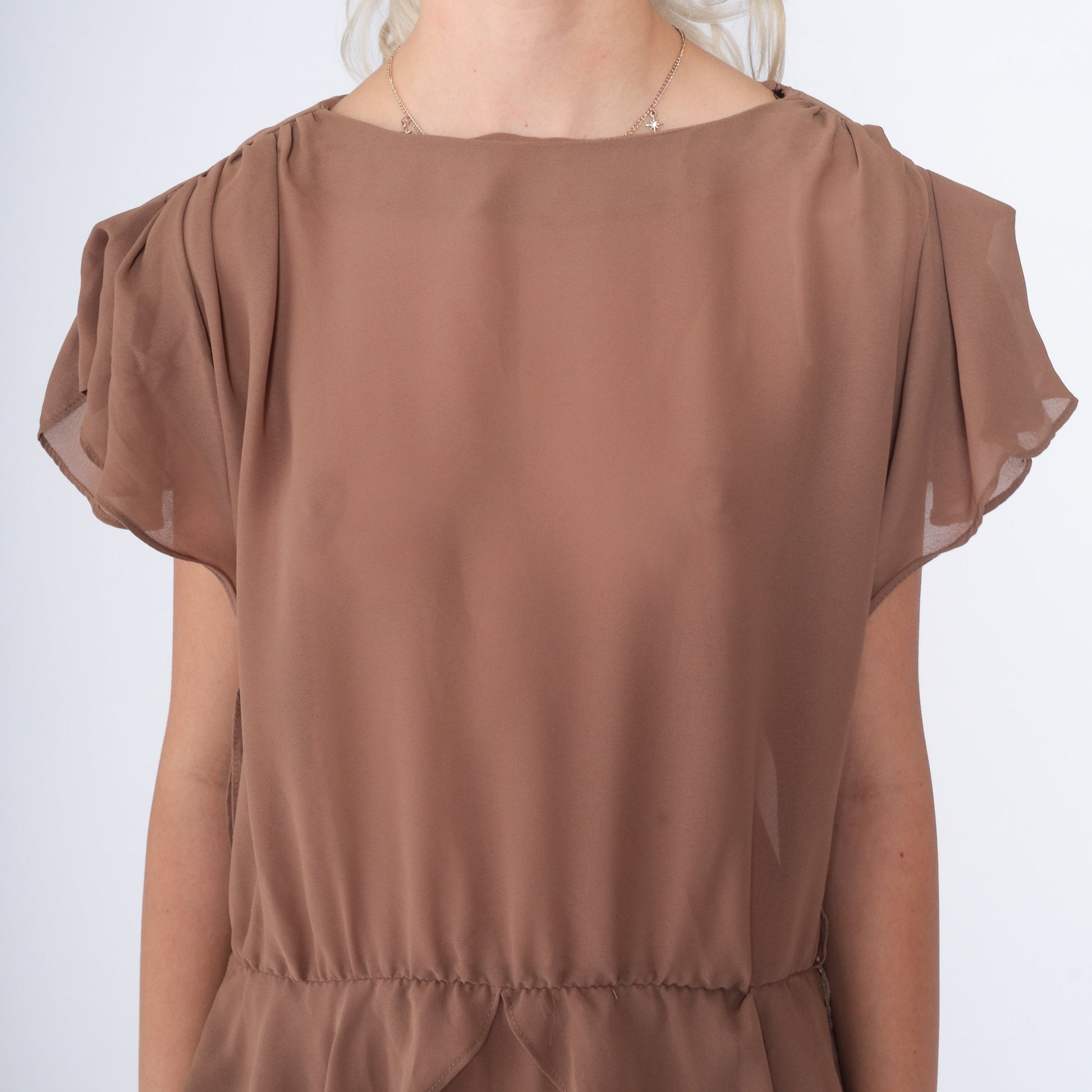 70s Cocoa Brown Midi Dress High Waist Peplum Puff Sleeve Keyhole Back Large L