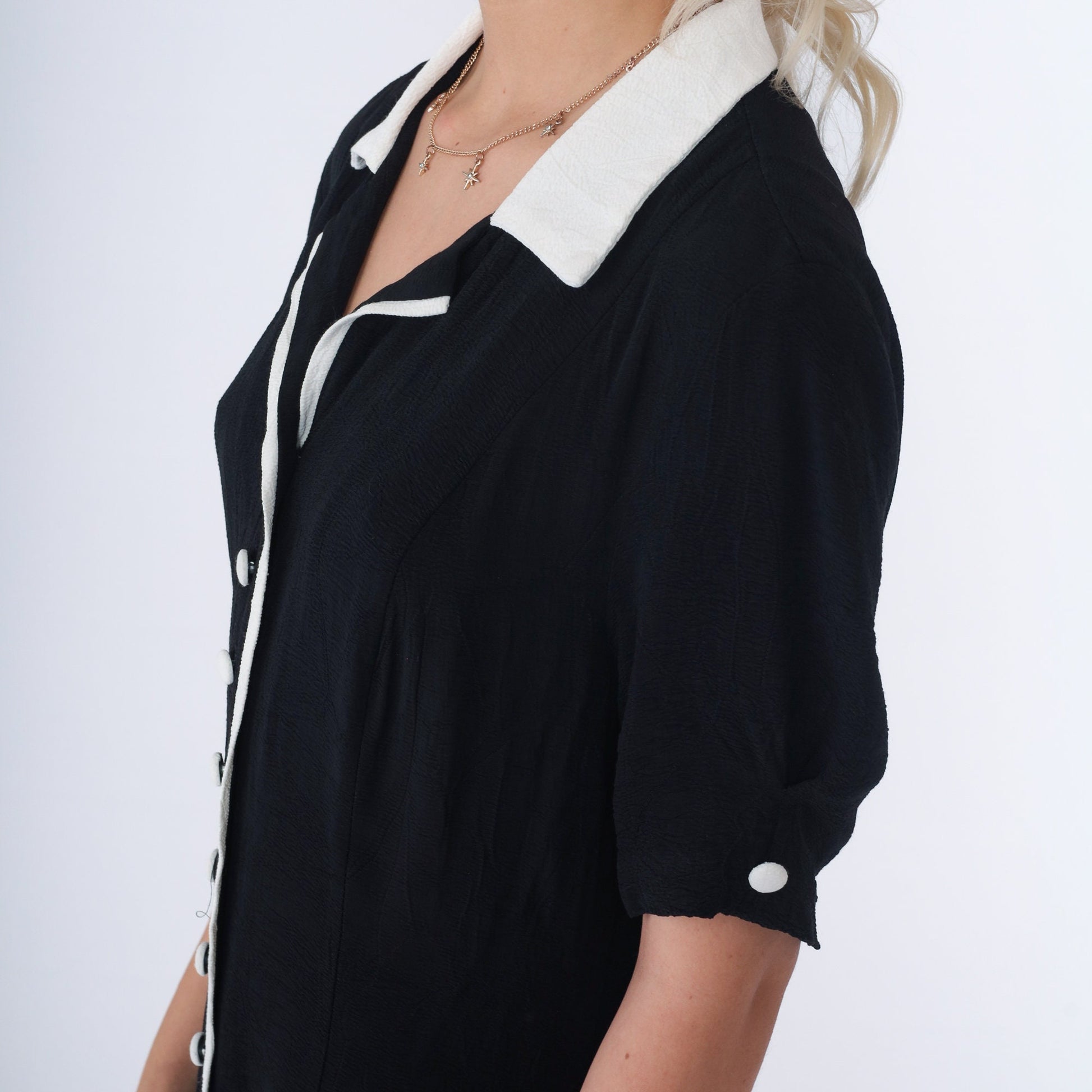 90s Black and White Button-Up Mini Dress Short Sleeve Shift Medium M